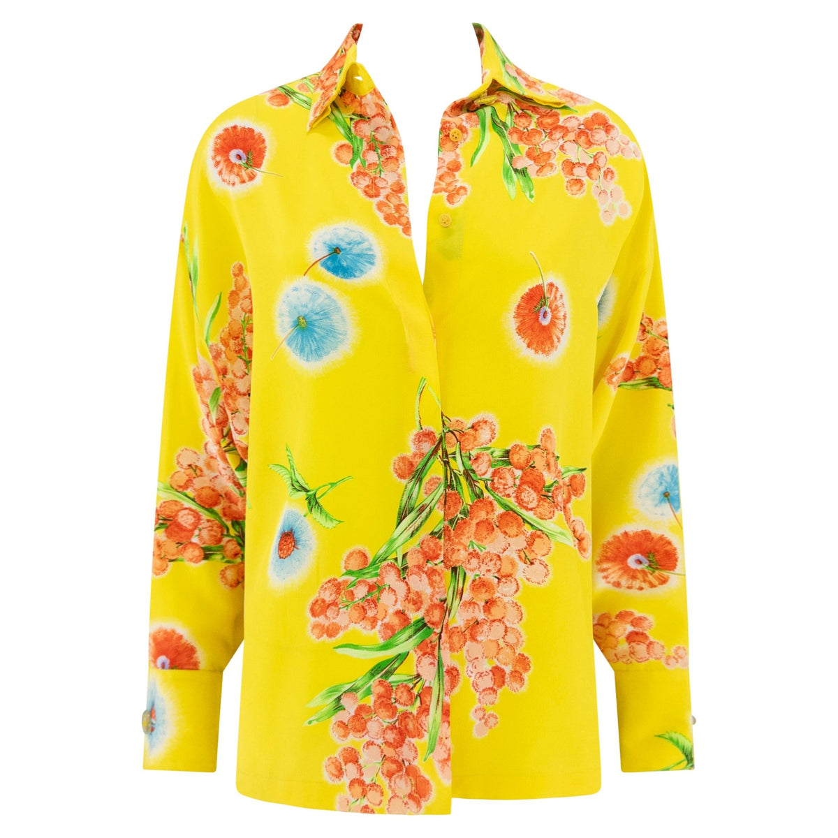 1996 Gianni Versace Yellow Floral Silk Button Up Medusa Shirt - RealList