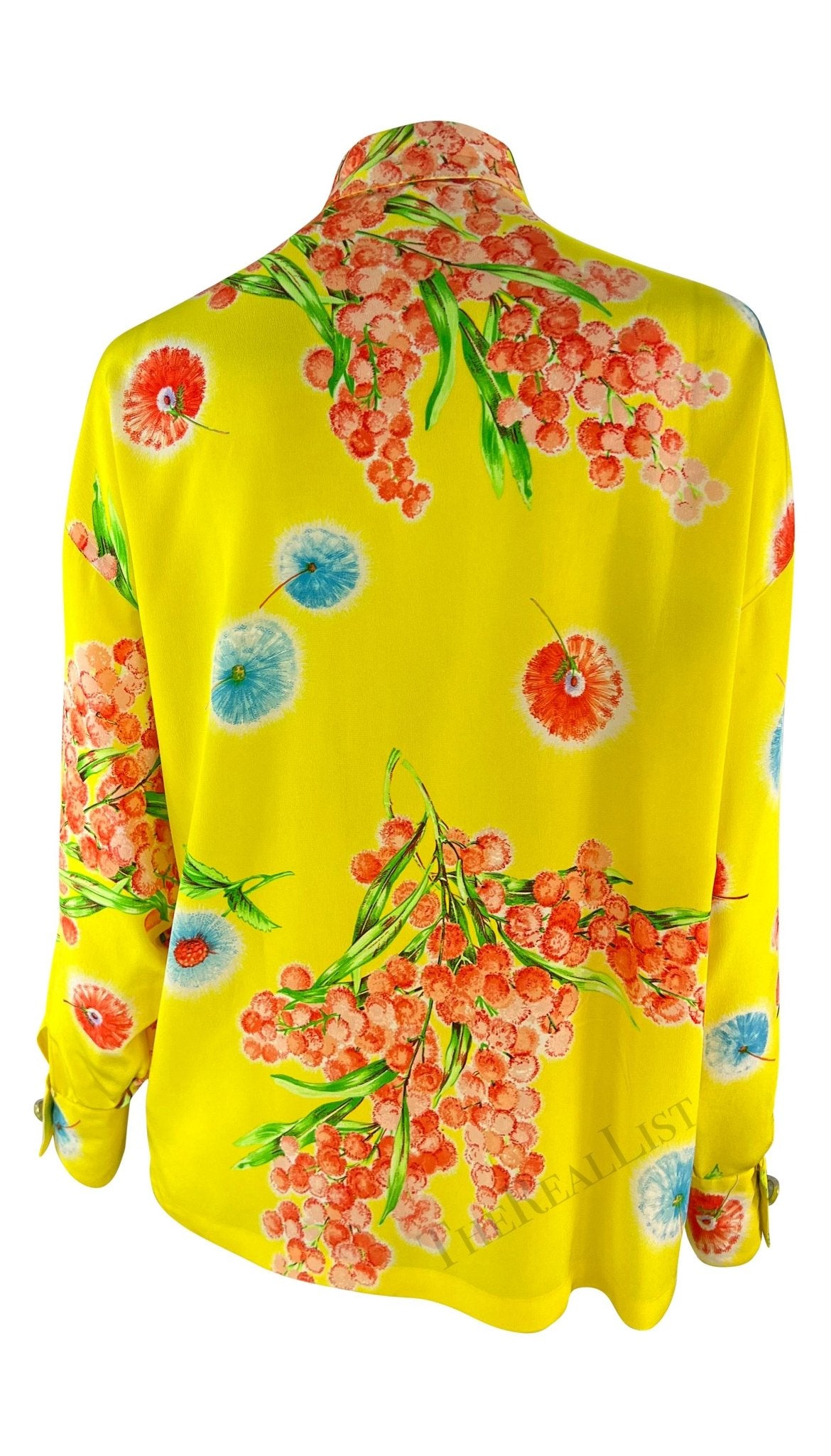1996 Gianni Versace Yellow Floral Silk Button Up Medusa Shirt - RealList