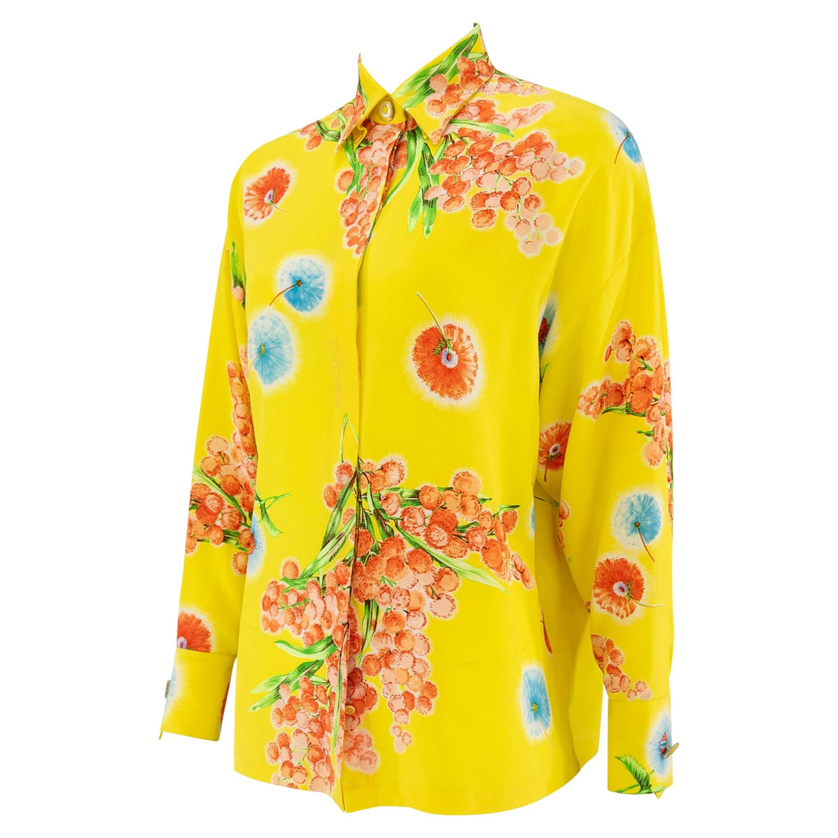 1996 Gianni Versace Yellow Floral Silk Button Up Medusa Shirt - RealList