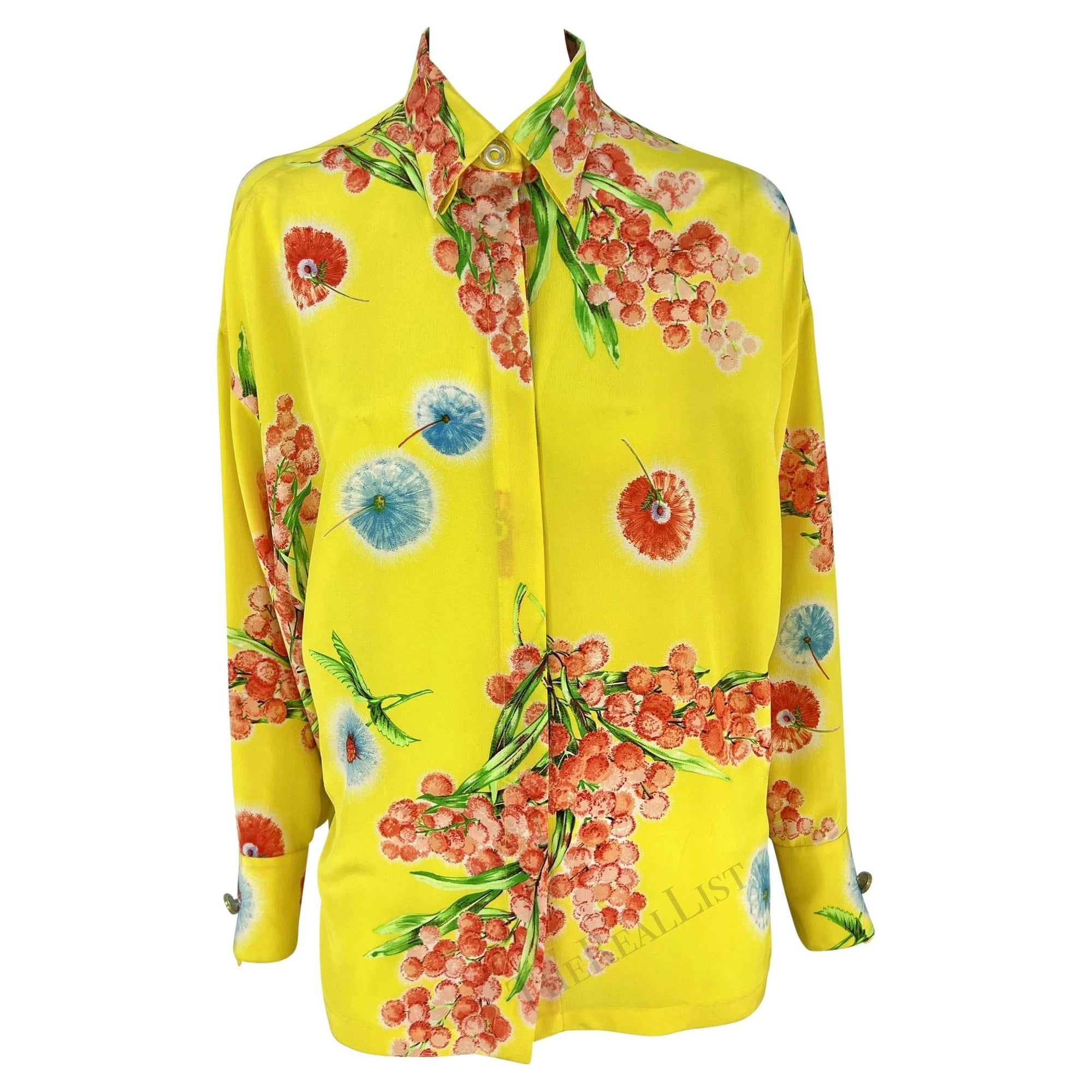1996 Gianni Versace Yellow Floral Silk Button Up Medusa Shirt - RealList