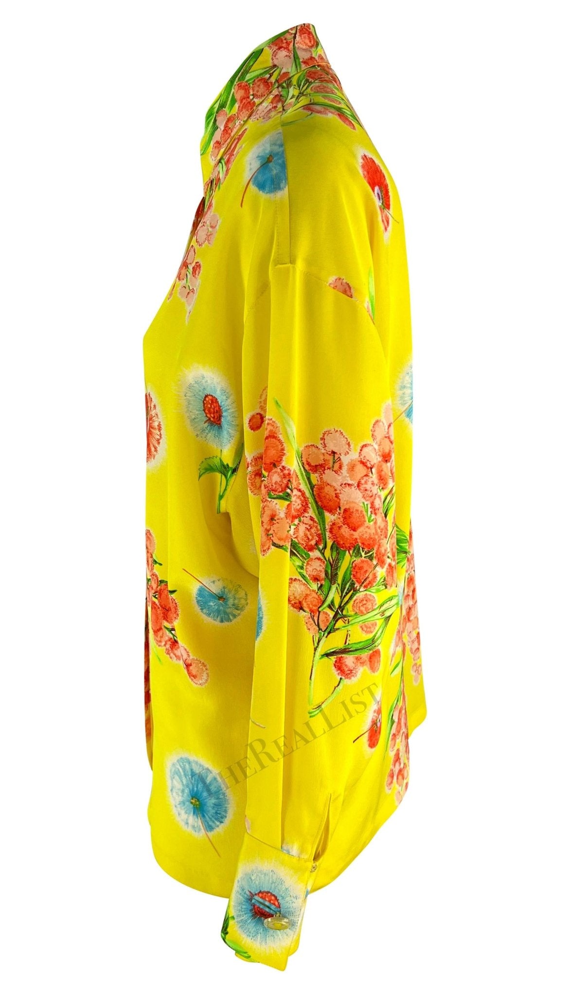 1996 Gianni Versace Yellow Floral Silk Button Up Medusa Shirt - RealList