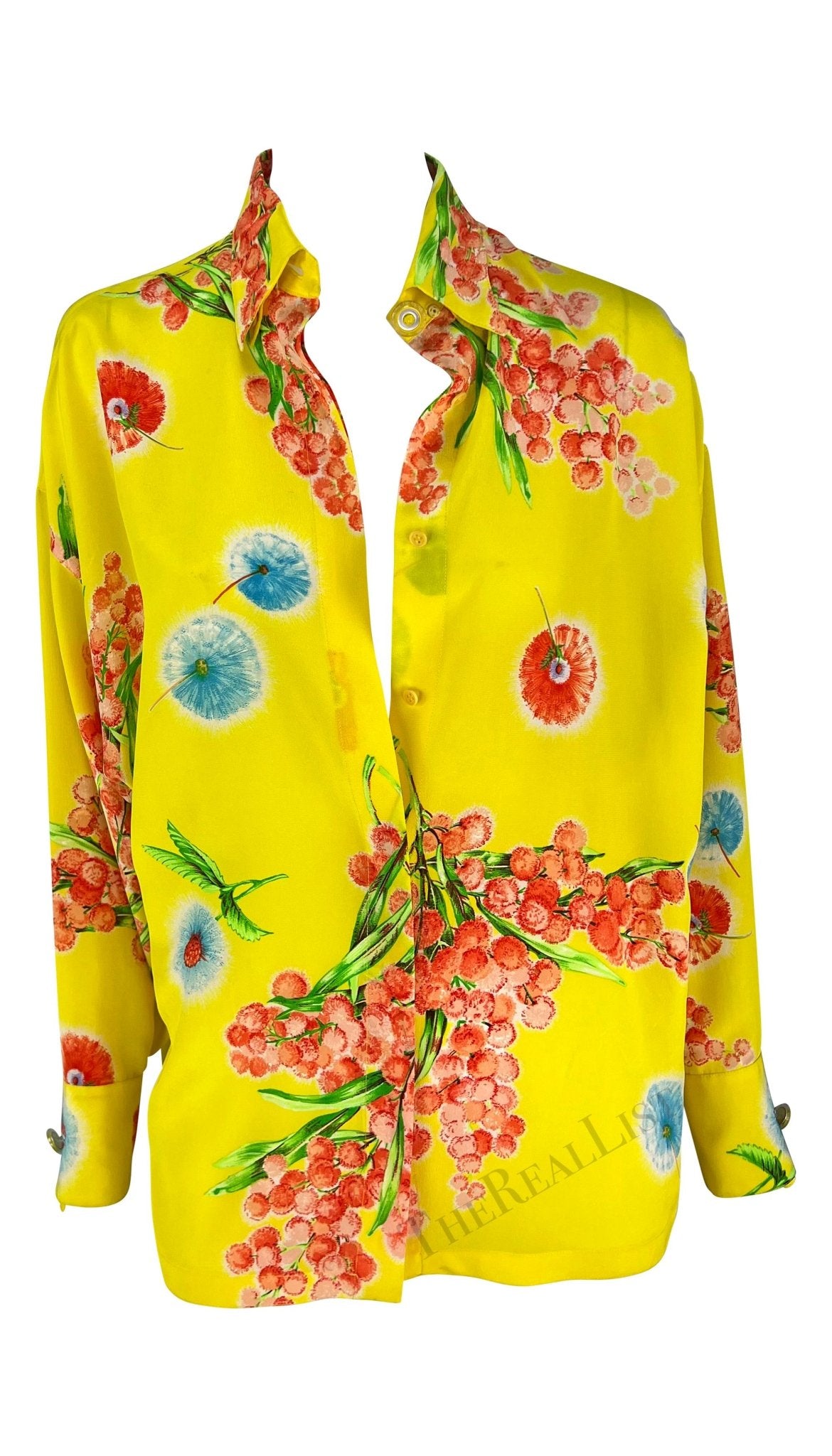 1996 Gianni Versace Yellow Floral Silk Button Up Medusa Shirt - RealList