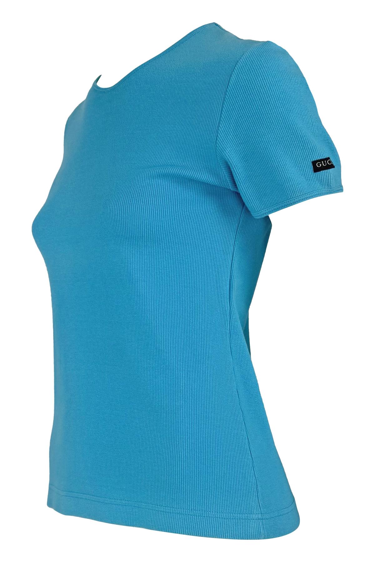 1996 Gucci by Tom Ford Turquoise Stretch Ribbed Logo T-Shirt Top - RealList