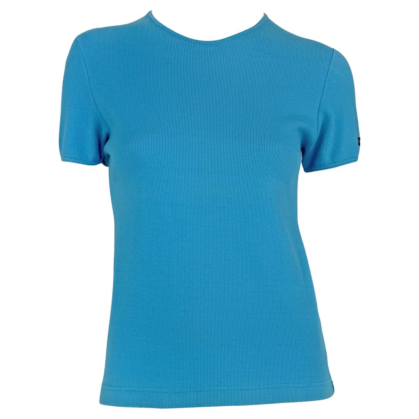 1996 Gucci by Tom Ford Turquoise Stretch Ribbed Logo T-Shirt Top - RealList