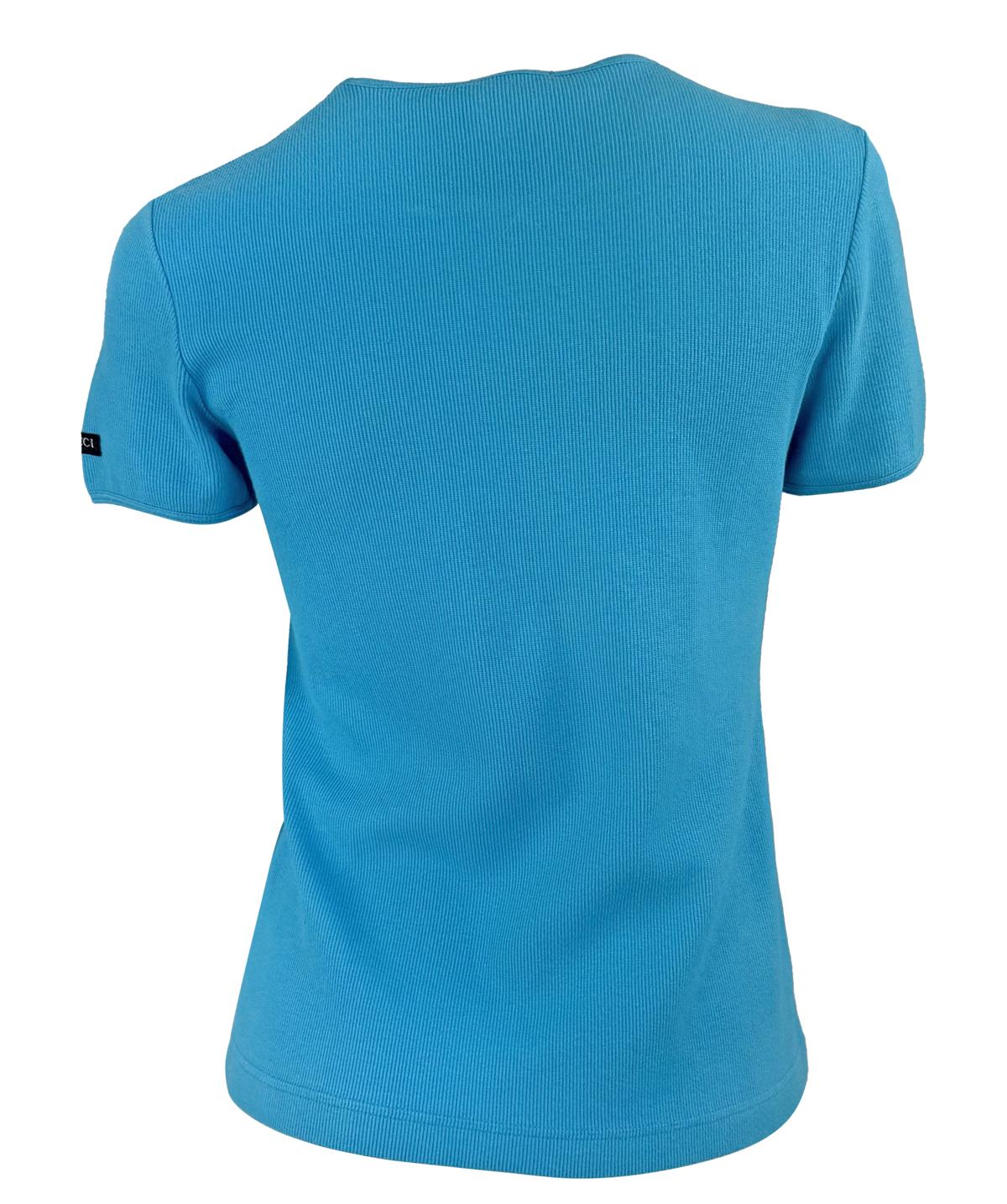 1996 Gucci by Tom Ford Turquoise Stretch Ribbed Logo T-Shirt Top - RealList