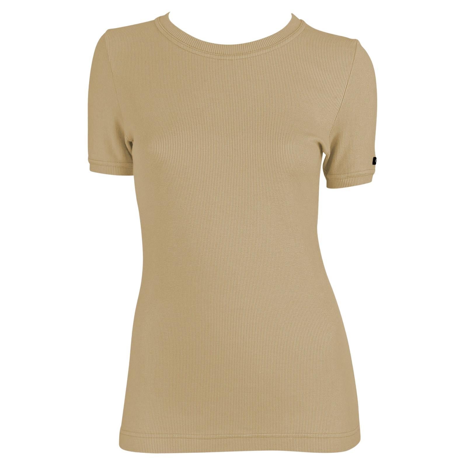 1997 Gucci by Tom Ford Beige Stretch Ribbed Logo T-Shirt Top - RealList