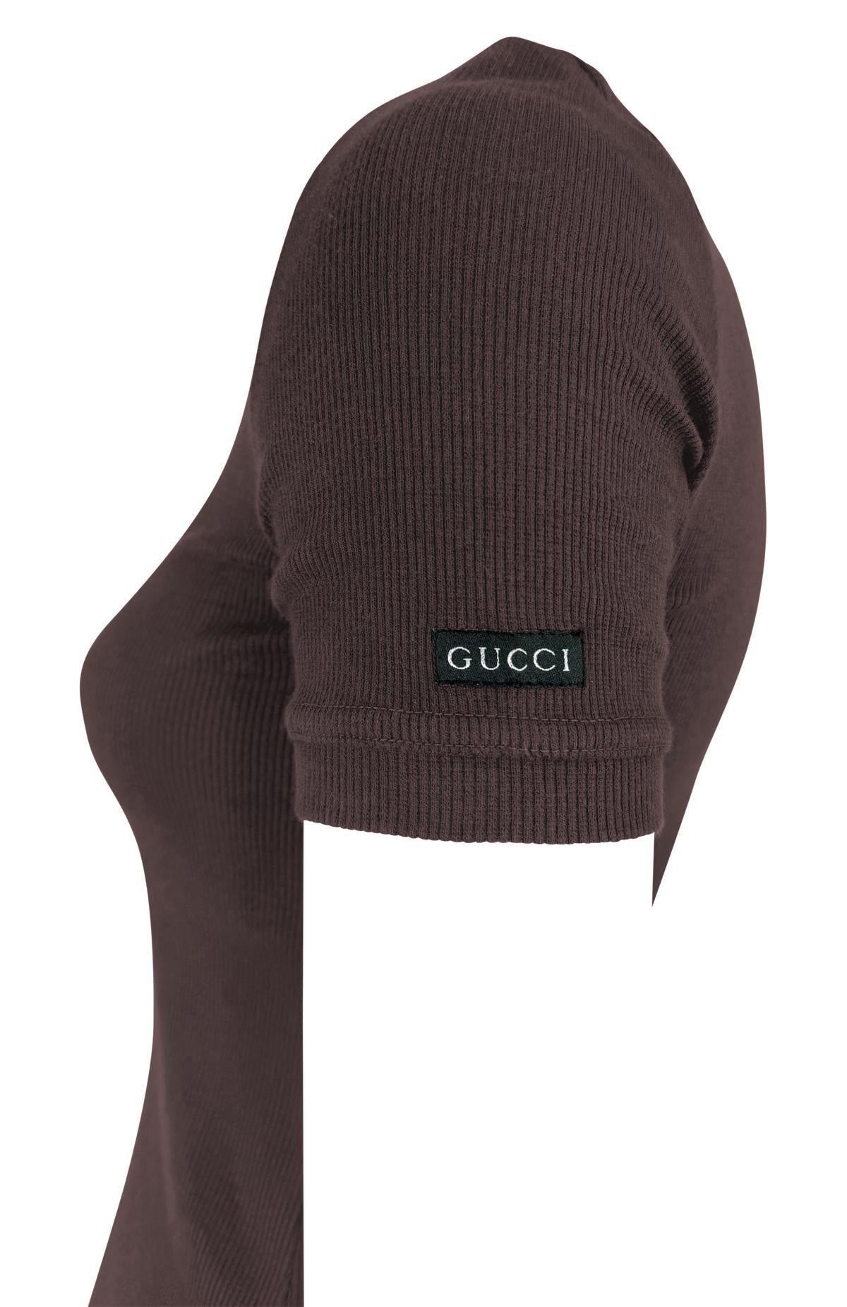 1997 Gucci by Tom Ford Ribbed Brown Stretch Logo T-Shirt Top - RealList