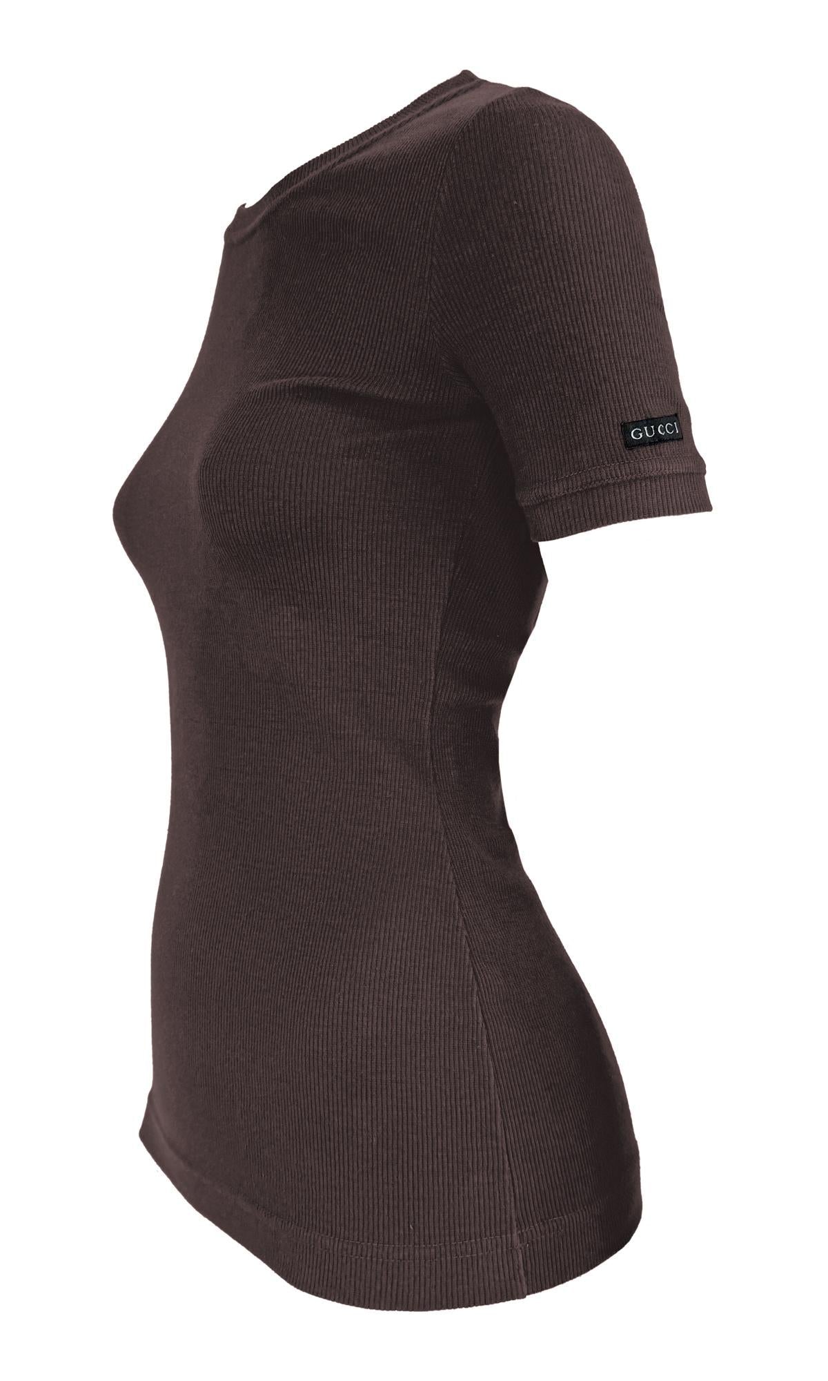 1997 Gucci by Tom Ford Ribbed Brown Stretch Logo T-Shirt Top - RealList