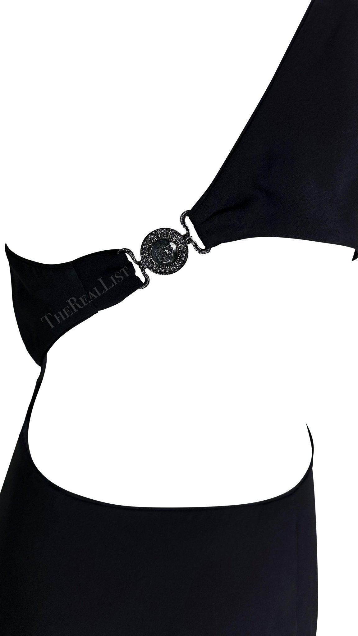 1998 Gianni Versace by Donatella Black Medusa Medallion Asymmetric Cutout Gown - RealList