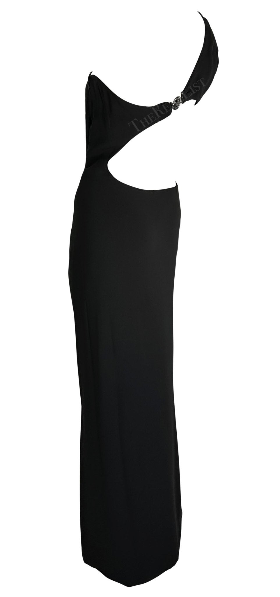1998 Gianni Versace by Donatella Black Medusa Medallion Asymmetric Cutout Gown - RealList