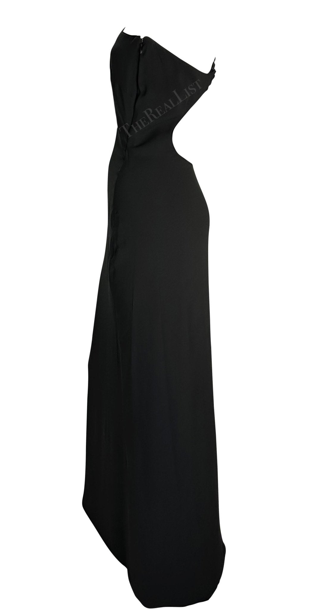 1998 Gianni Versace by Donatella Black Medusa Medallion Asymmetric Cutout Gown - RealList