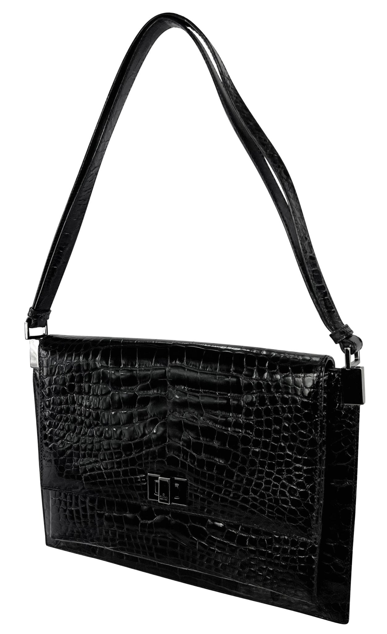 1998 Gucci by Tom Ford Genuine Alligator Skin Glossy Black Flat Shoulder Bag - RealList