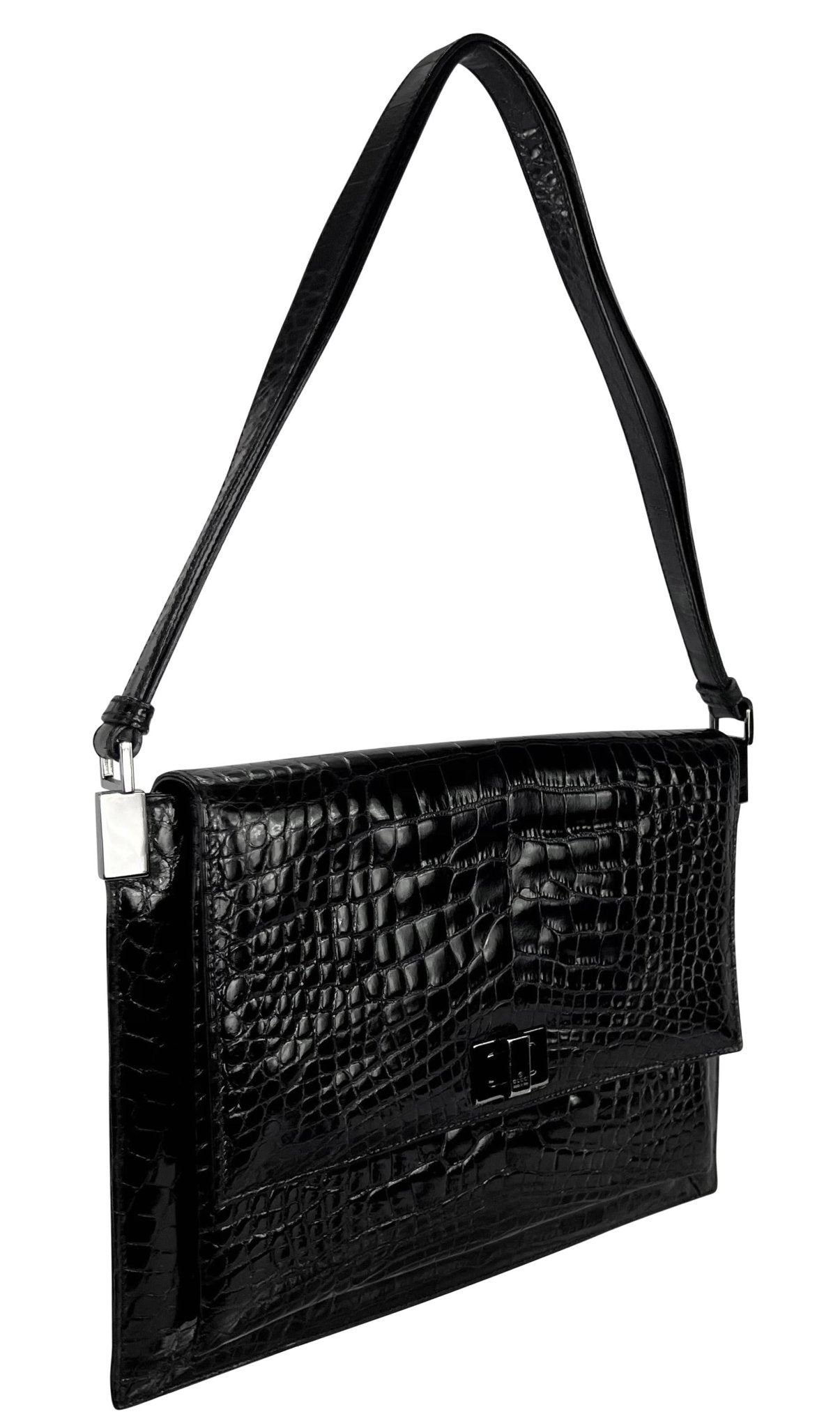 1998 Gucci by Tom Ford Genuine Alligator Skin Glossy Black Flat Shoulder Bag - RealList