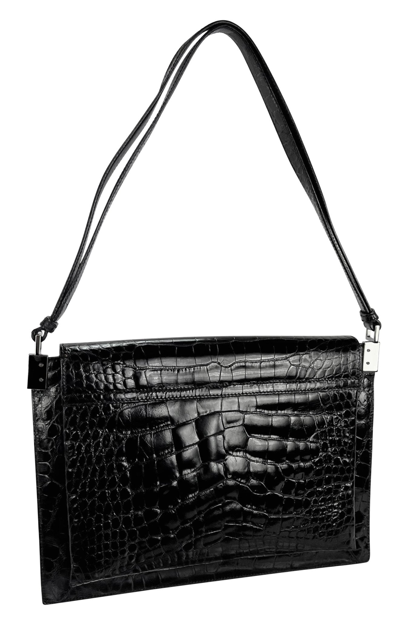1998 Gucci by Tom Ford Genuine Alligator Skin Glossy Black Flat Shoulder Bag - RealList
