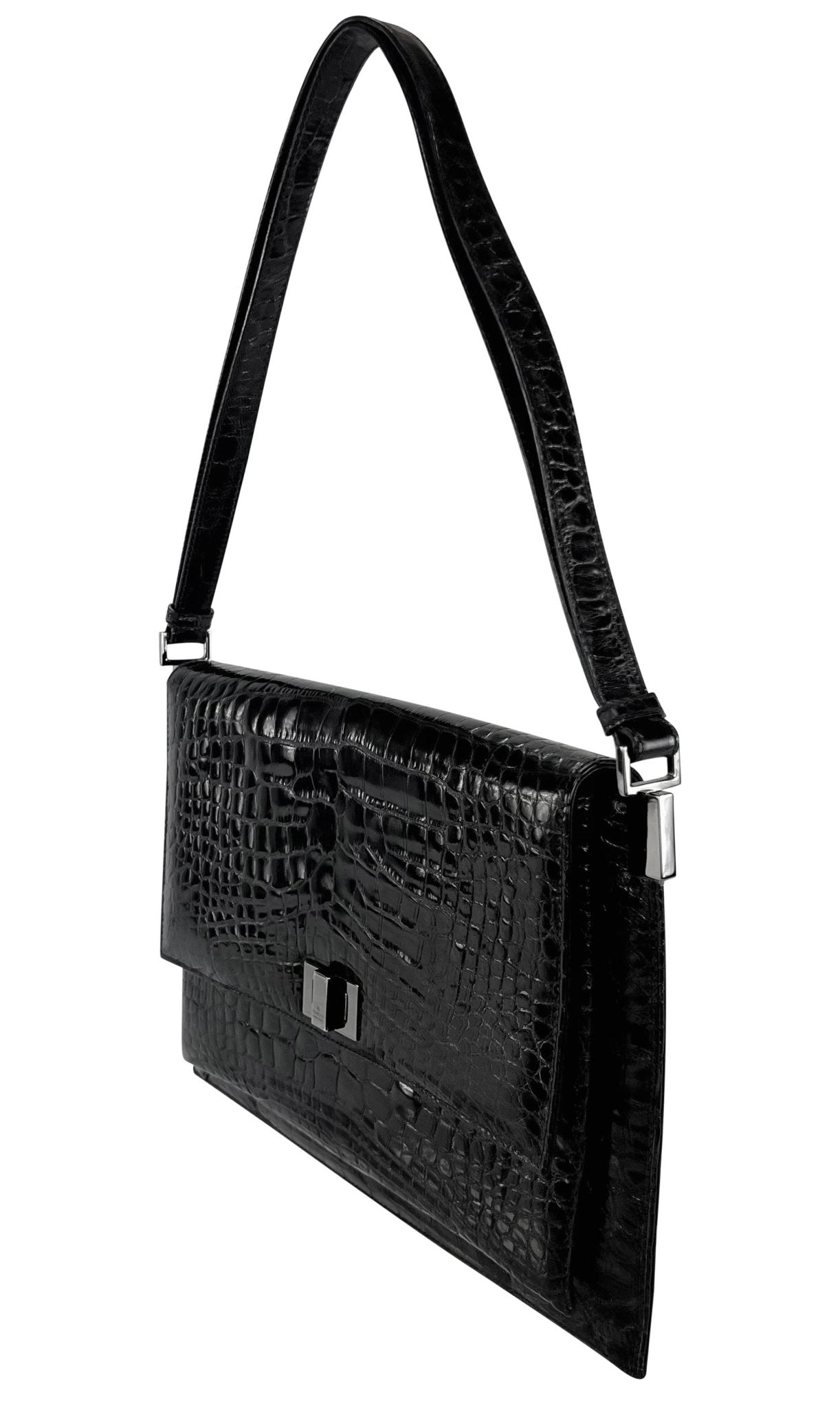 1998 Gucci by Tom Ford Genuine Alligator Skin Glossy Black Flat Shoulder Bag - RealList