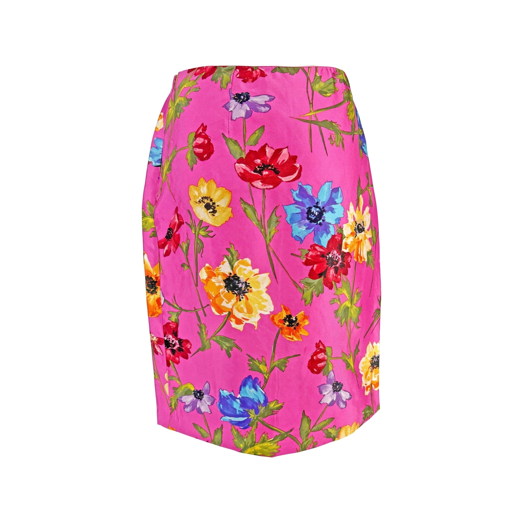1999 Dolce & Gabbana Hot Pink Floral Print Silk Satin Pencil Skirt - RealList