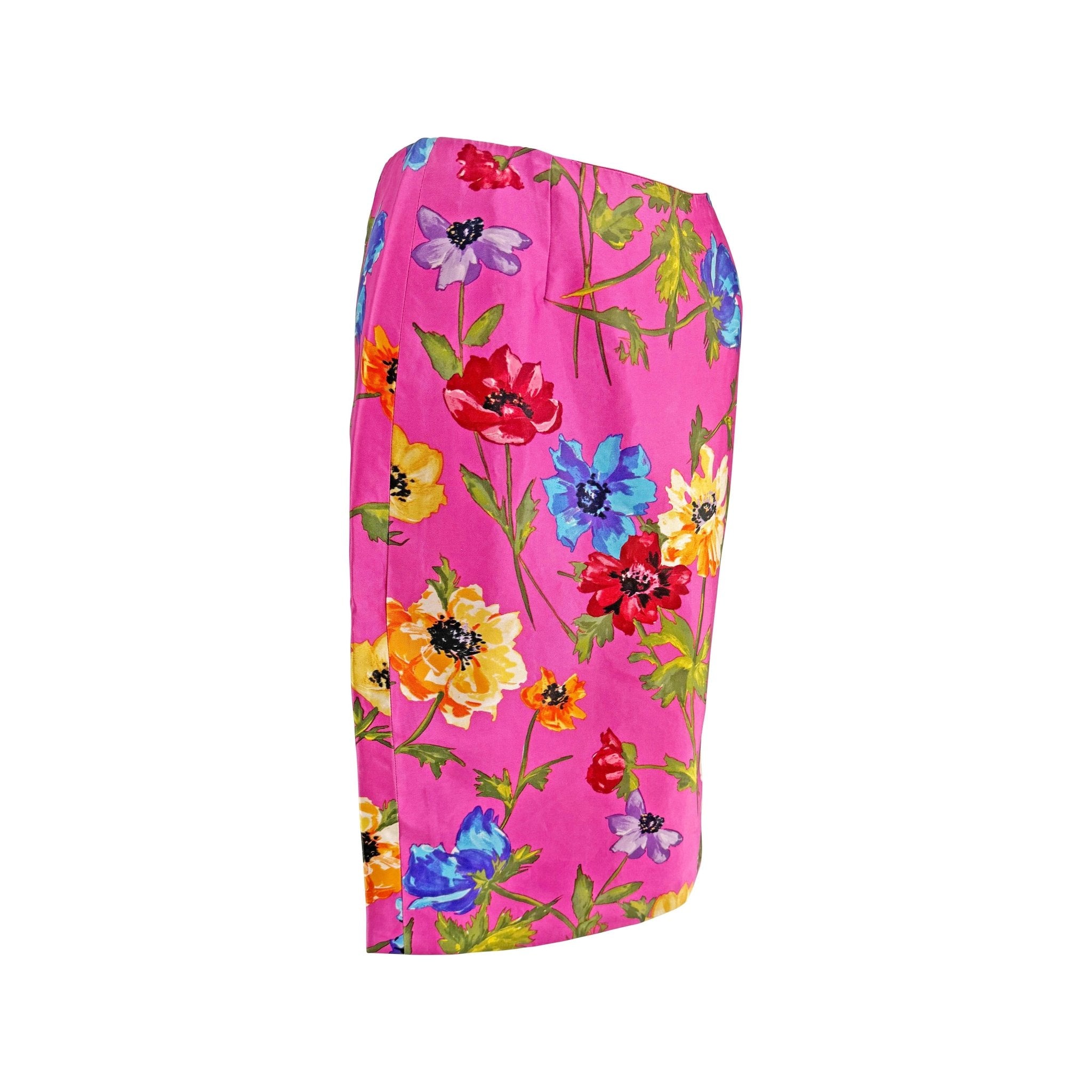 1999 Dolce & Gabbana Hot Pink Floral Print Silk Satin Pencil Skirt - RealList