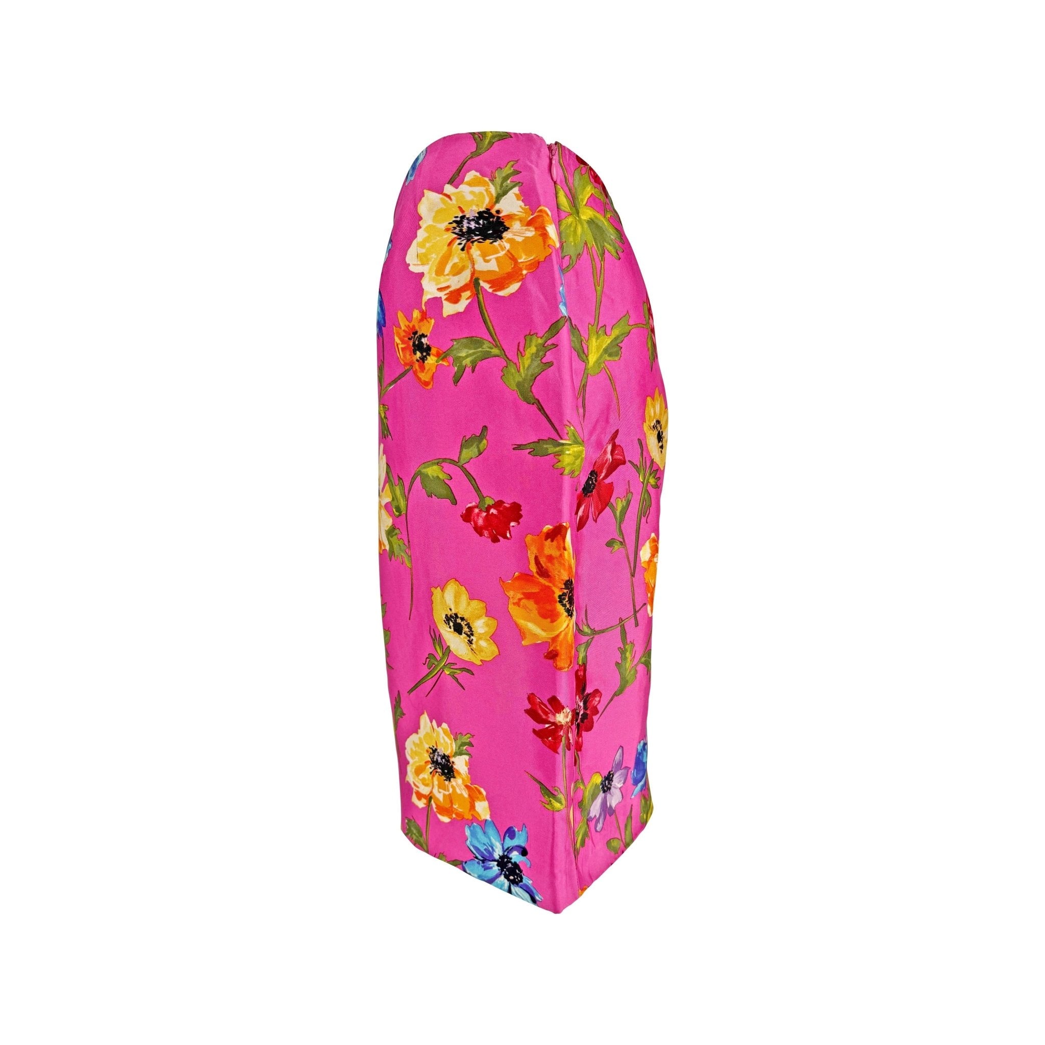 1999 Dolce & Gabbana Hot Pink Floral Print Silk Satin Pencil Skirt - RealList