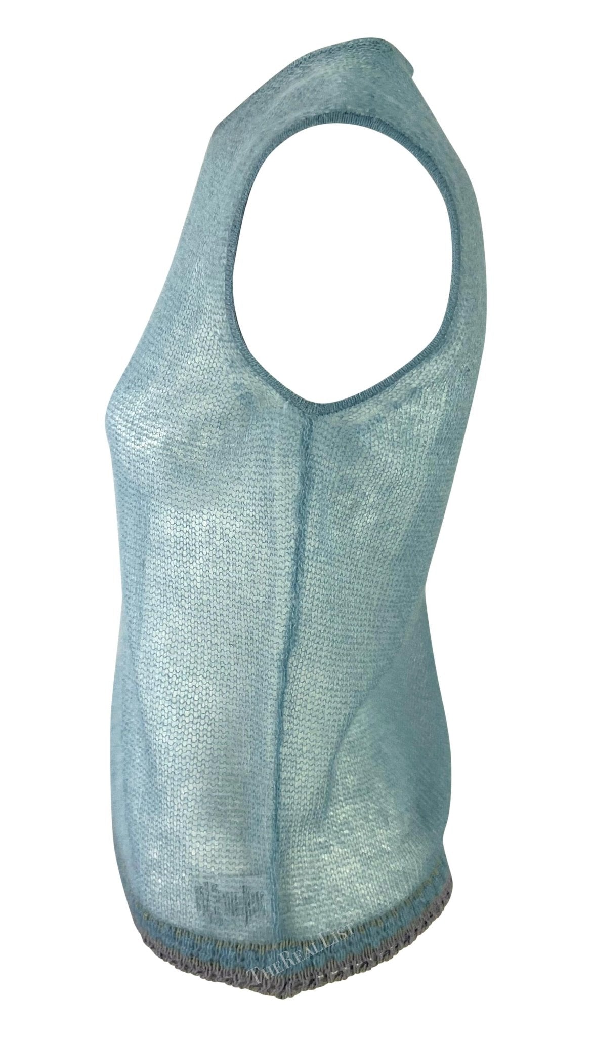 1999 Giorgio Armani Sheer Knit Baby Blue Sleeveless Sweater Top - RealList