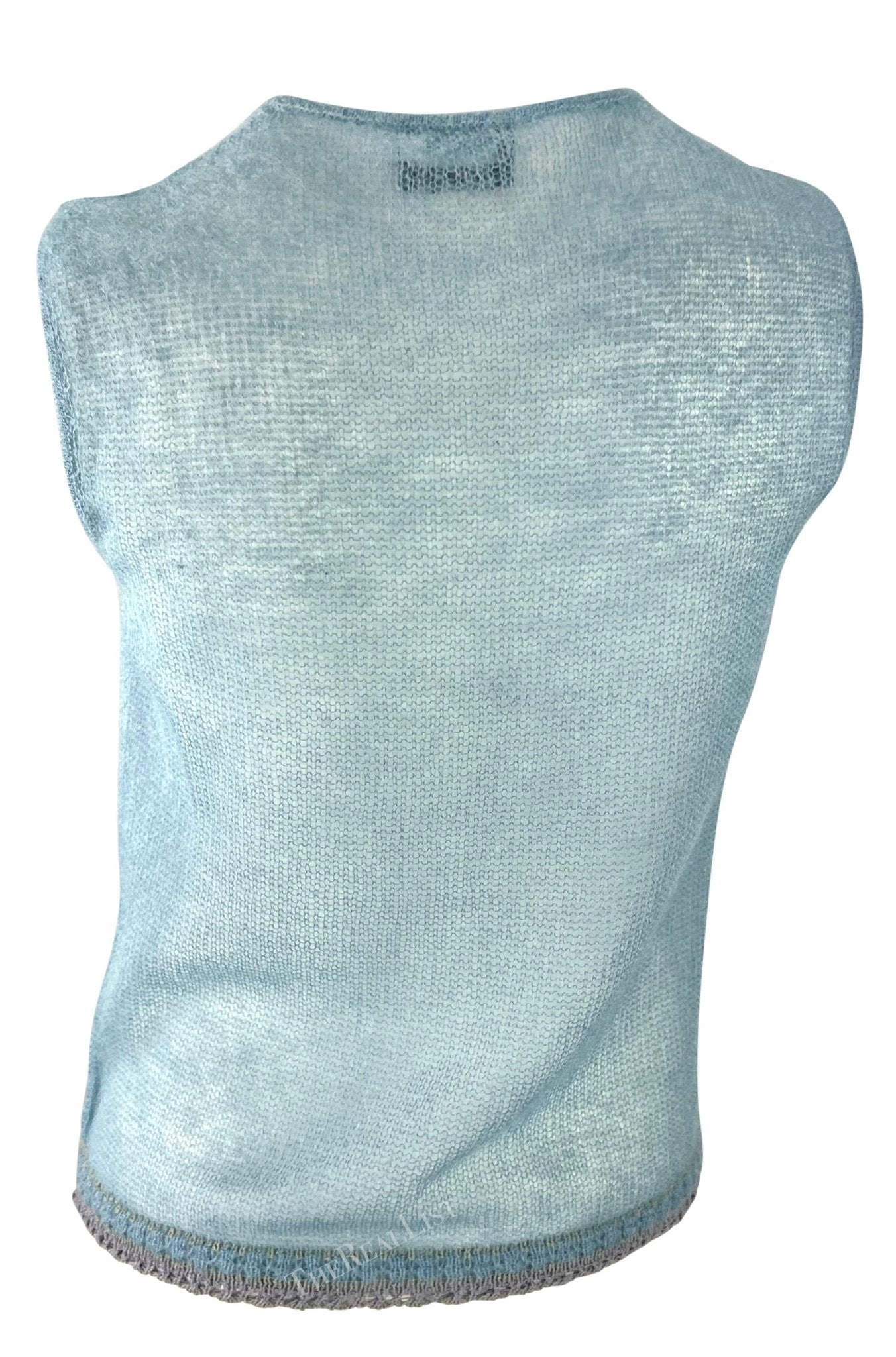 1999 Giorgio Armani Sheer Knit Baby Blue Sleeveless Sweater Top - RealList