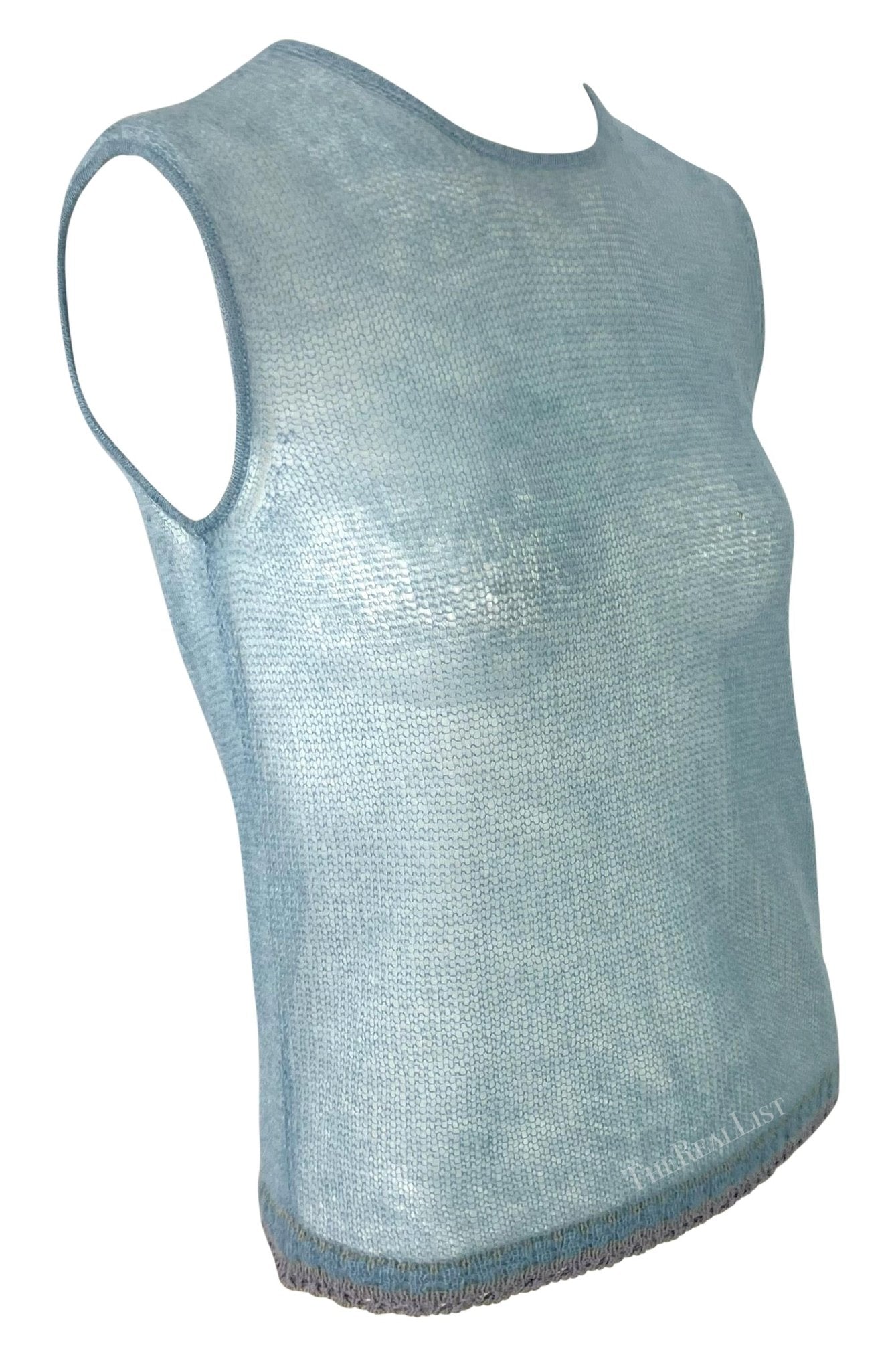 1999 Giorgio Armani Sheer Knit Baby Blue Sleeveless Sweater Top - RealList