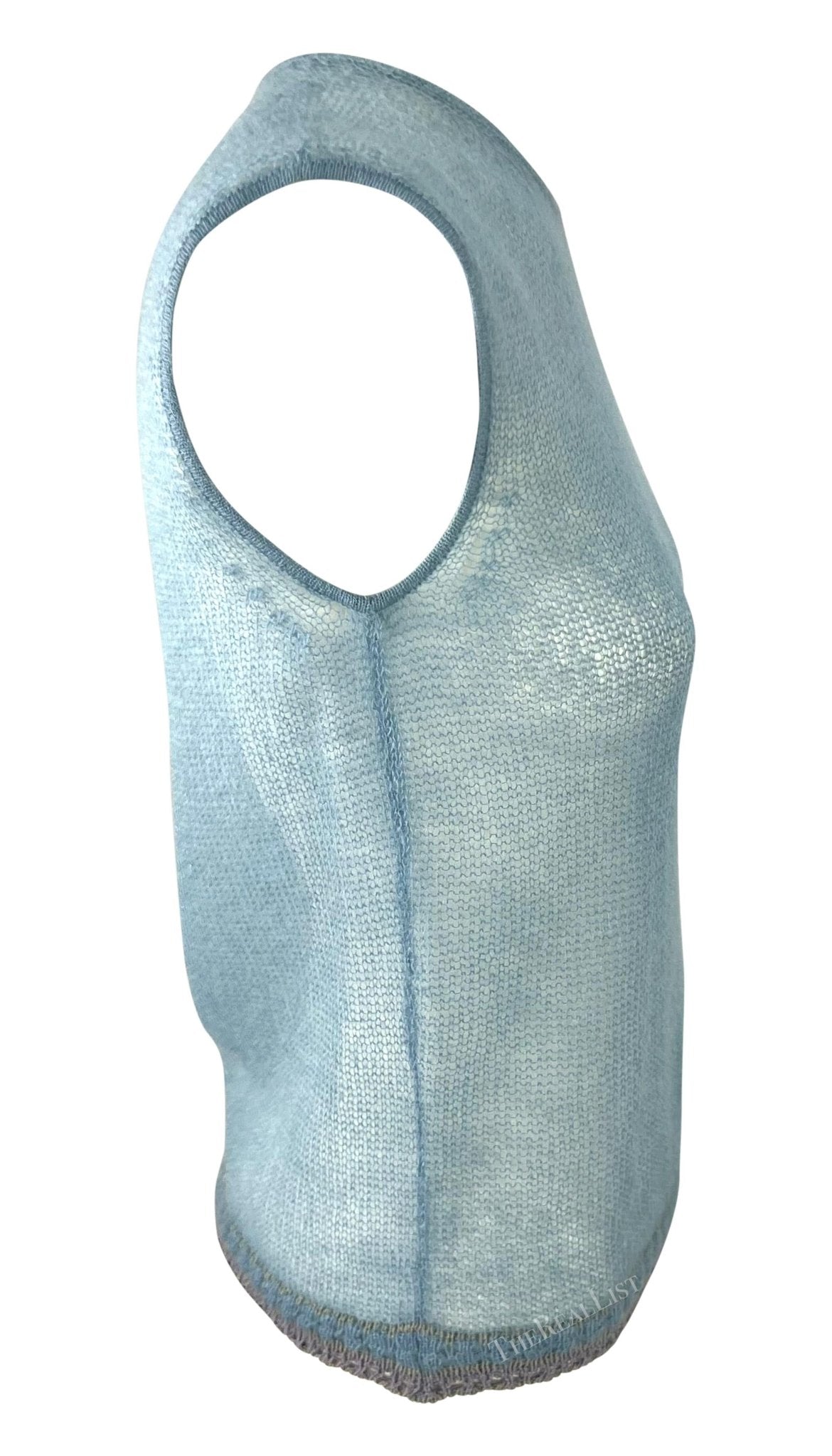 1999 Giorgio Armani Sheer Knit Baby Blue Sleeveless Sweater Top - RealList