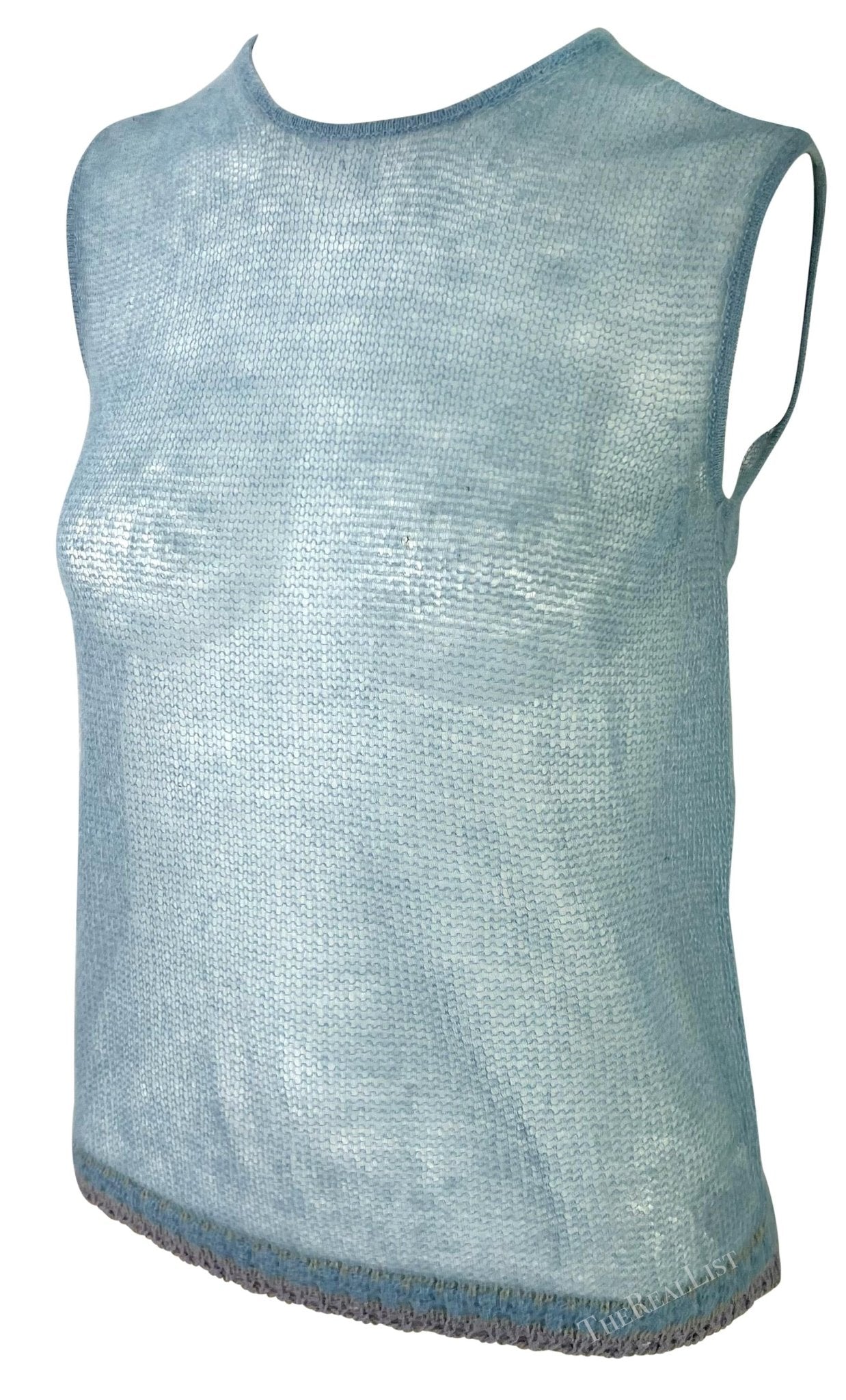 1999 Giorgio Armani Sheer Knit Baby Blue Sleeveless Sweater Top - RealList