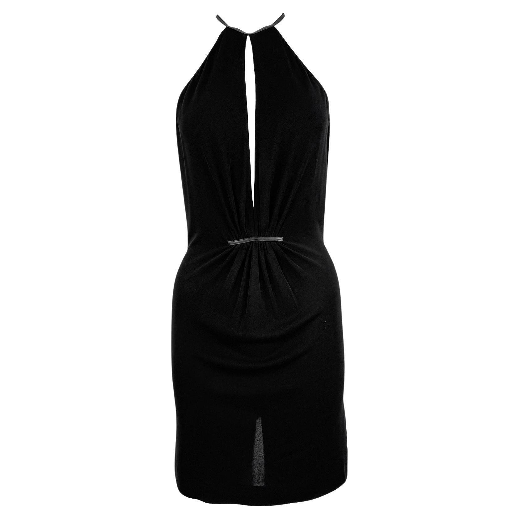 1999 Gucci by Tom Ford Black Leather Trim Plunging Viscose Backless Mini Dress - RealList