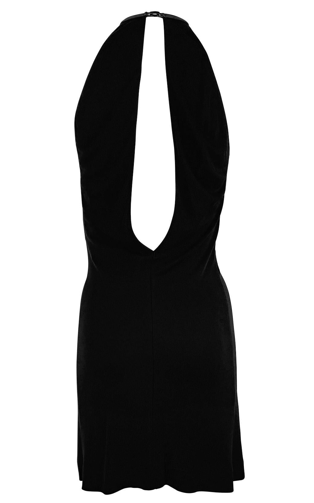 1999 Gucci by Tom Ford Black Leather Trim Plunging Viscose Backless Mini Dress - RealList