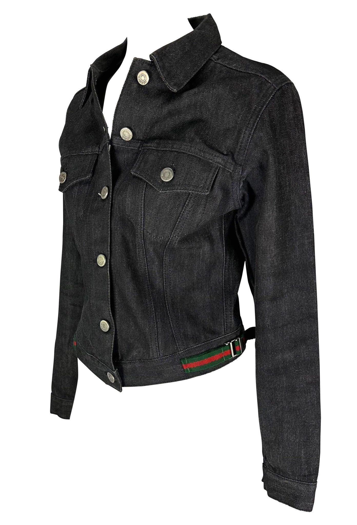 1999 Gucci by Tom Ford Web Buckle Black Logo Button Cotton Denim Jacket - RealList