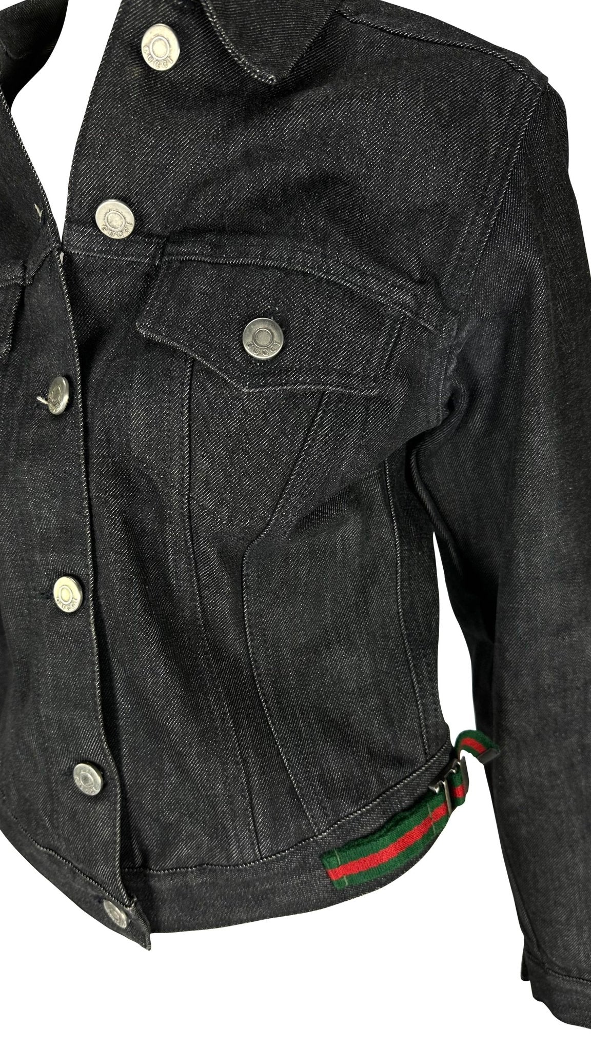 1999 Gucci by Tom Ford Web Buckle Black Logo Button Cotton Denim Jacket - RealList