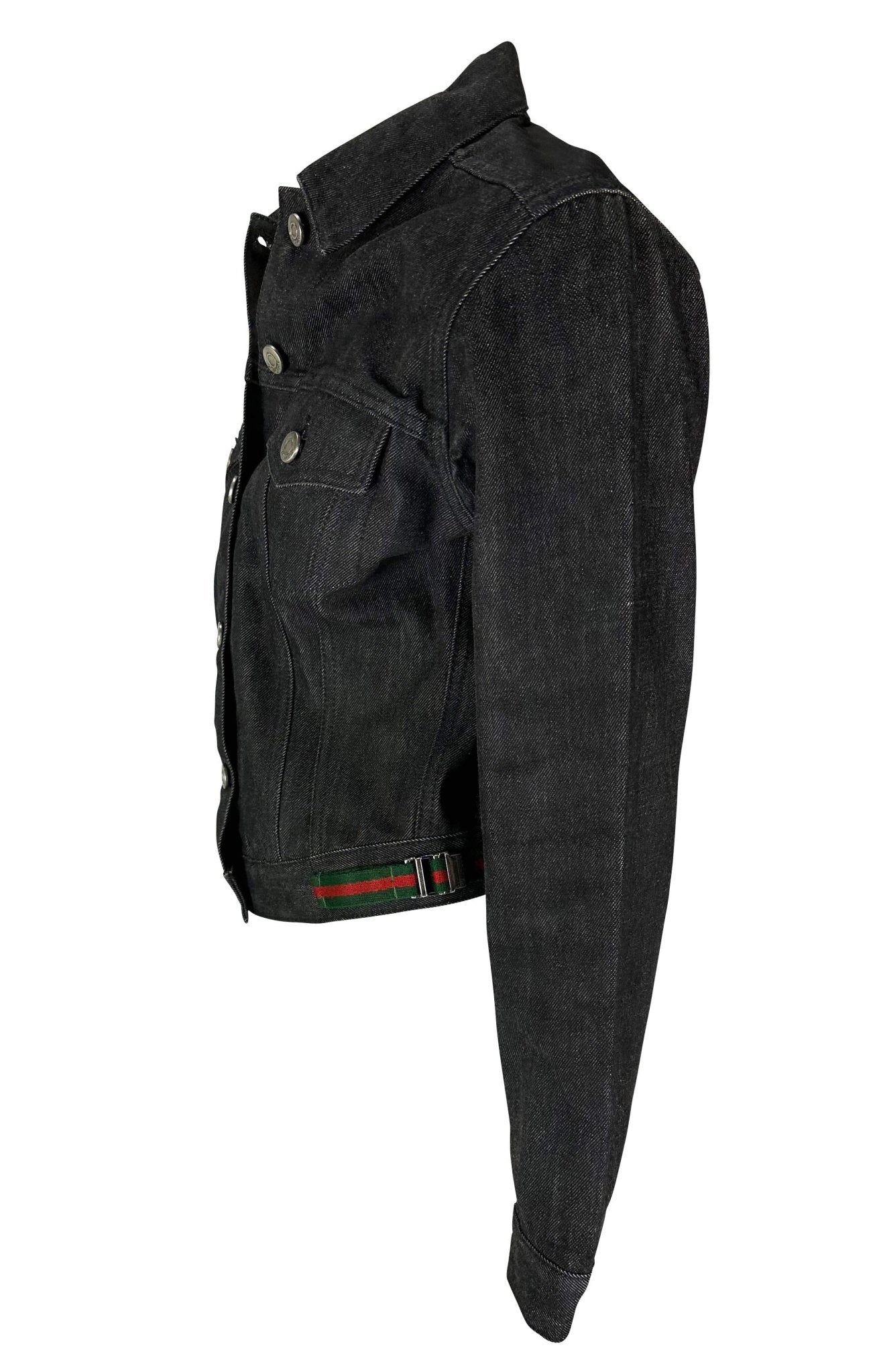1999 Gucci by Tom Ford Web Buckle Black Logo Button Cotton Denim Jacket - RealList