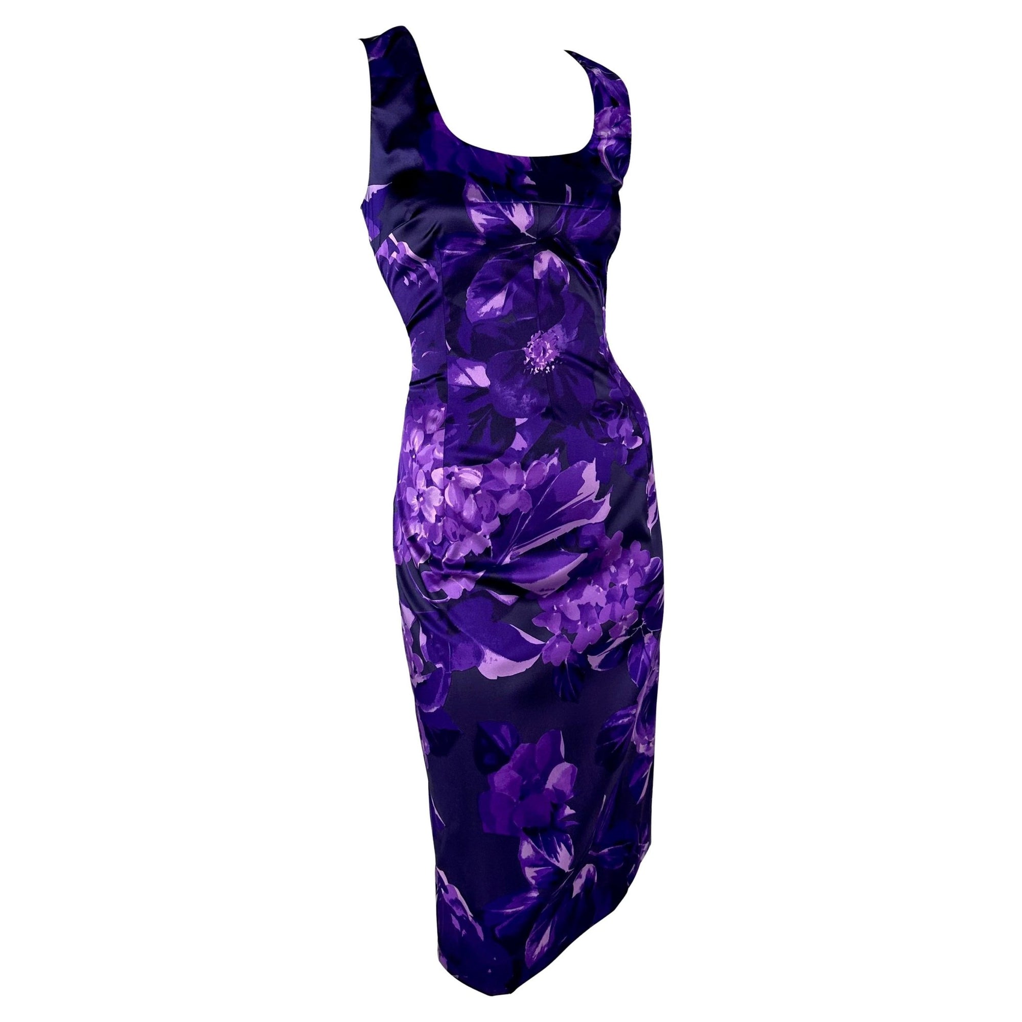 2000 Dolce & Gabbana Purple Floral Print Bodycon Stretch Sleeveless Dress - RealList