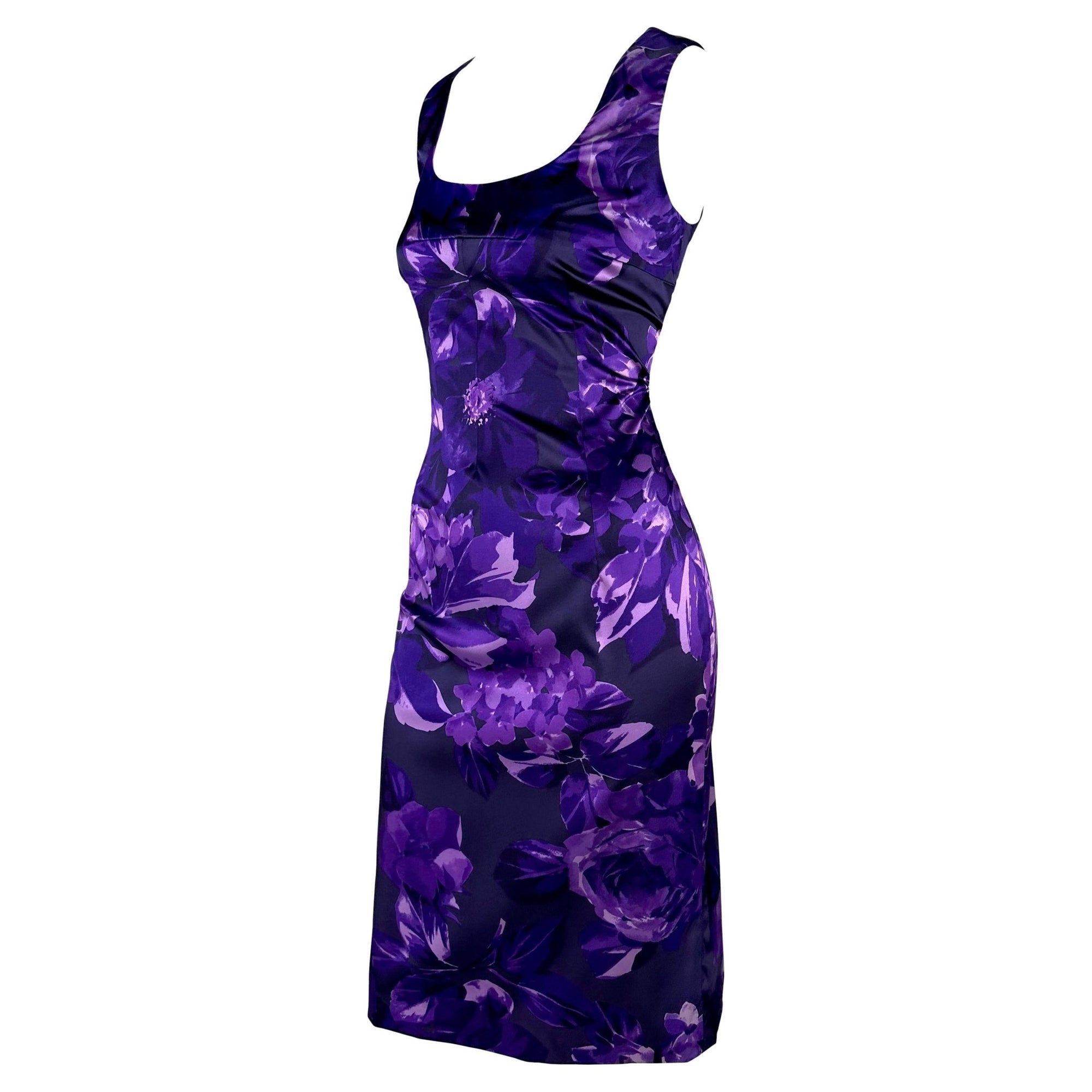 2000 Dolce & Gabbana Purple Floral Print Bodycon Stretch Sleeveless Dress - RealList