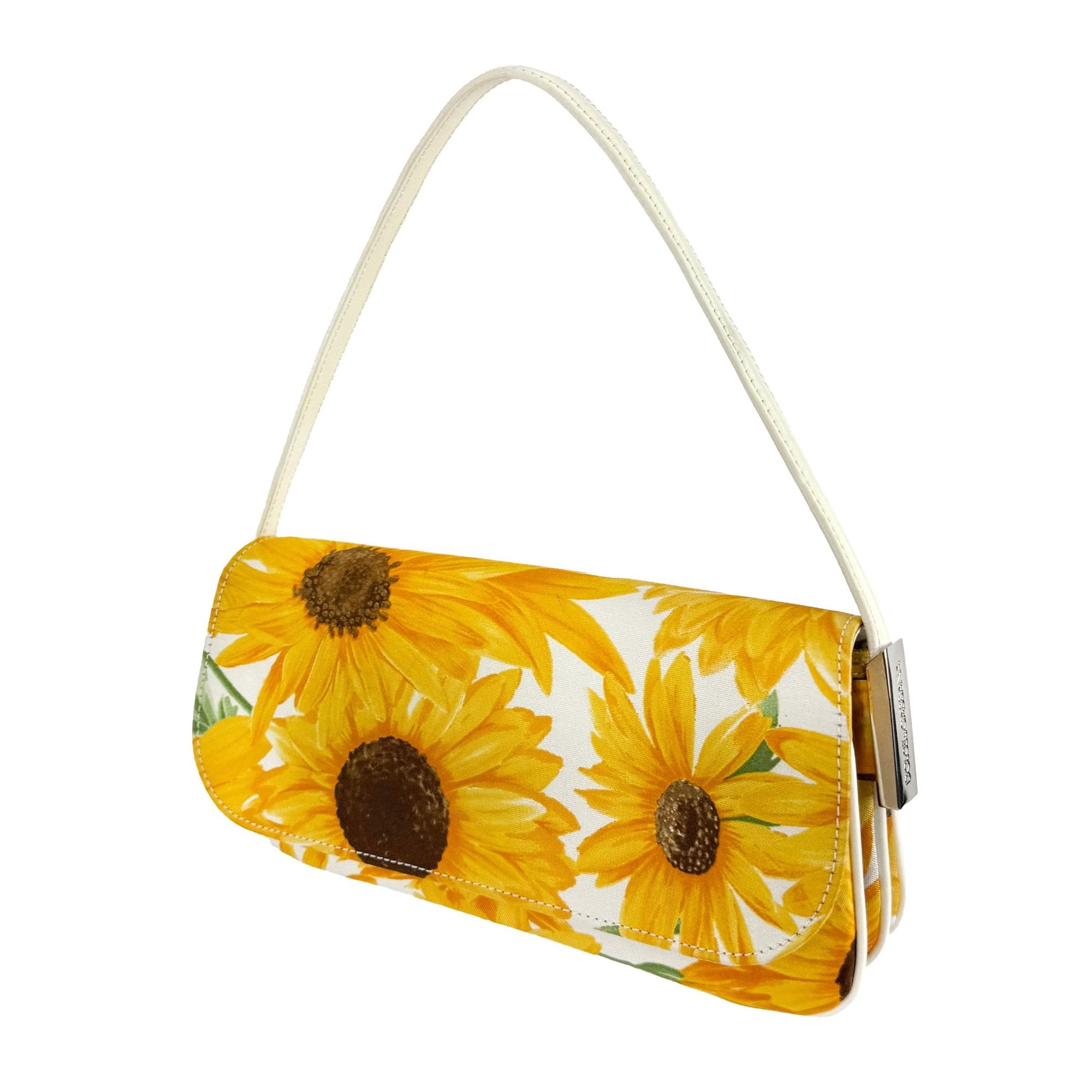 2000 Dolce & Gabbana White Leather Sunflower Print Fabric Shoulder Bag - RealList