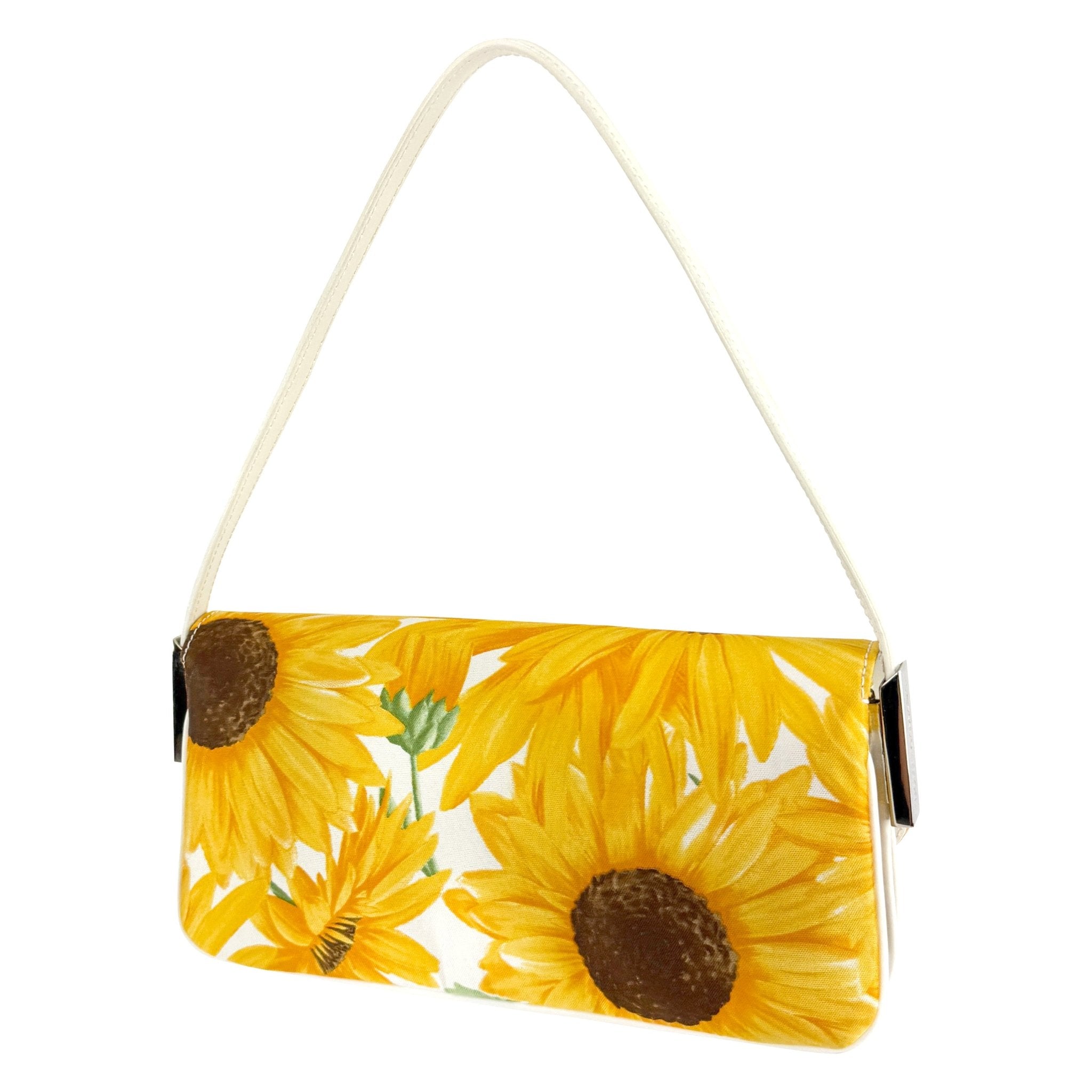 2000 Dolce & Gabbana White Leather Sunflower Print Fabric Shoulder Bag - RealList