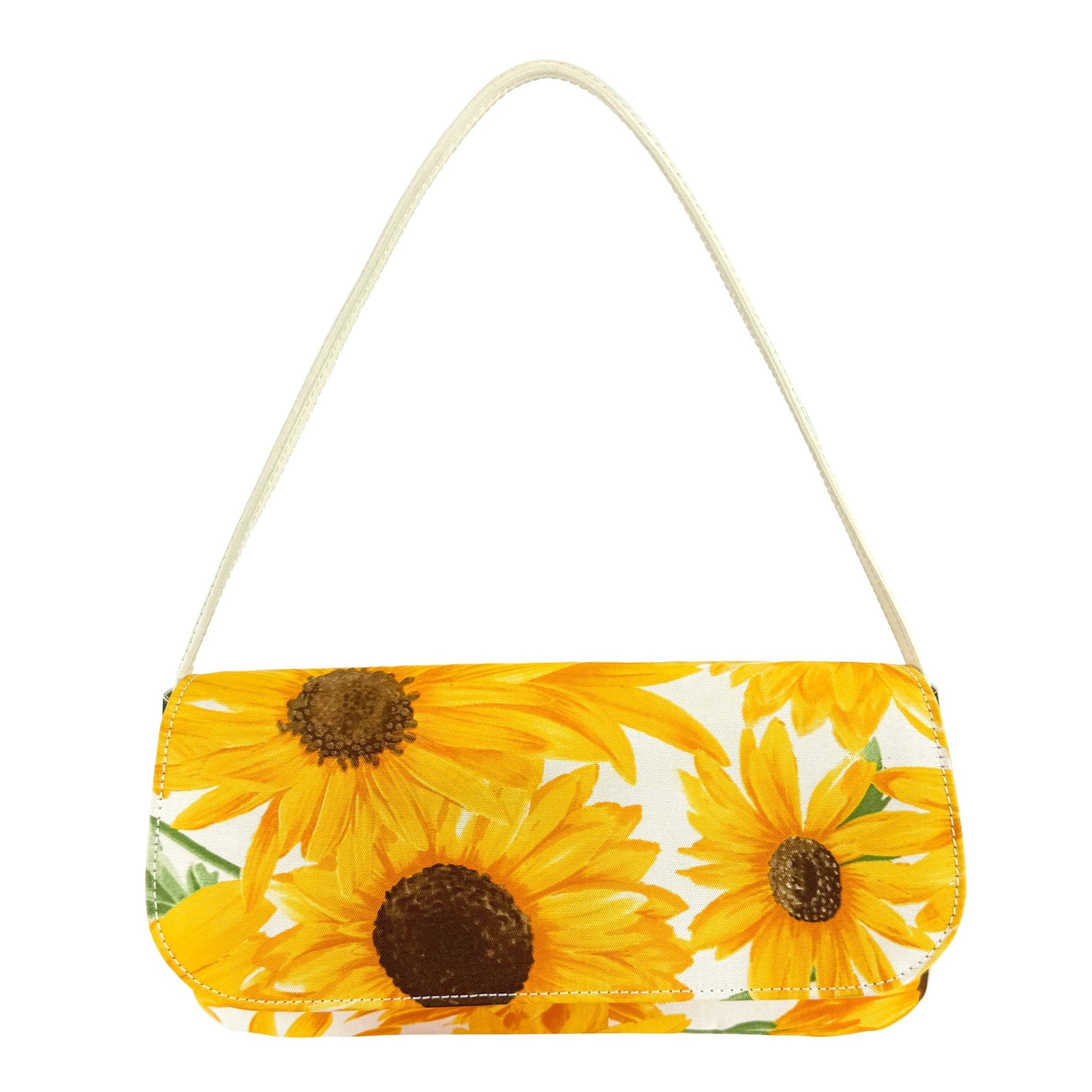 2000 Dolce & Gabbana White Leather Sunflower Print Fabric Shoulder Bag - RealList
