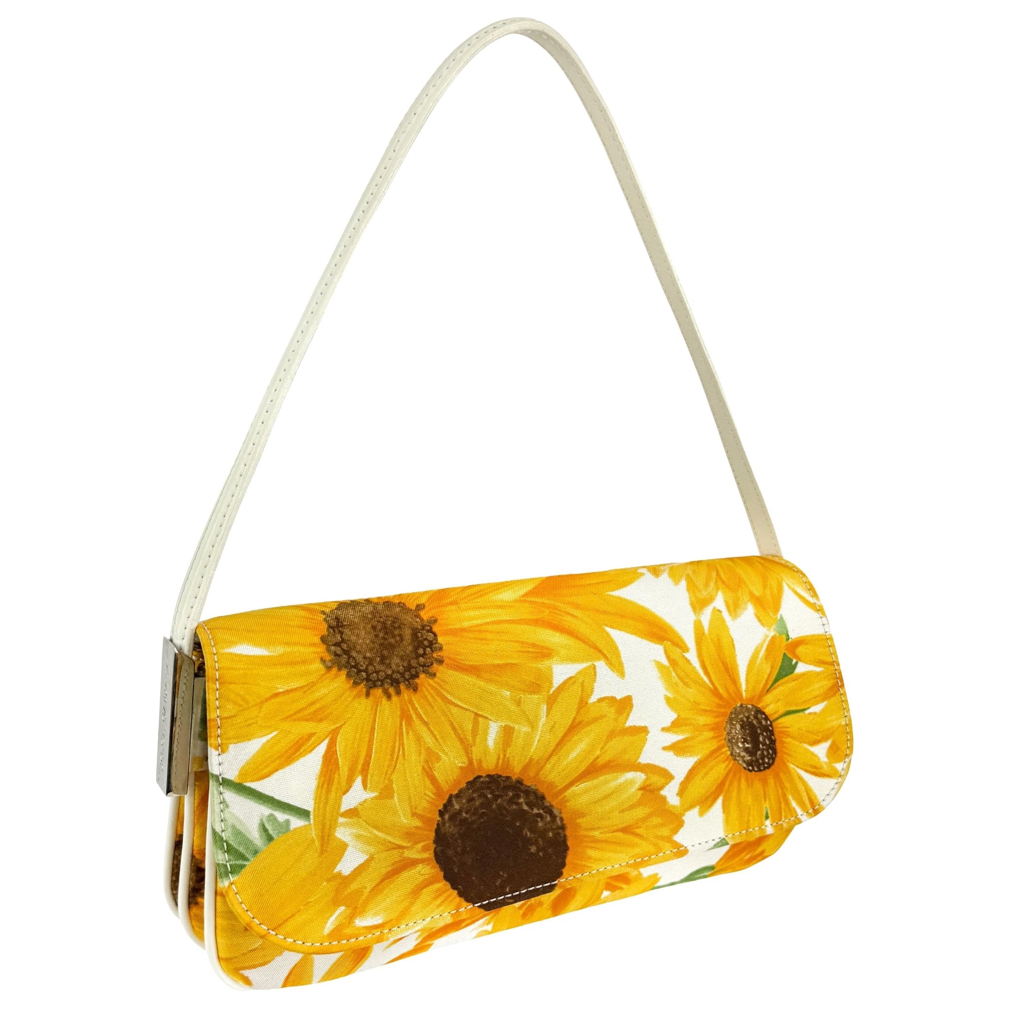 2000 Dolce & Gabbana White Leather Sunflower Print Fabric Shoulder Bag - RealList