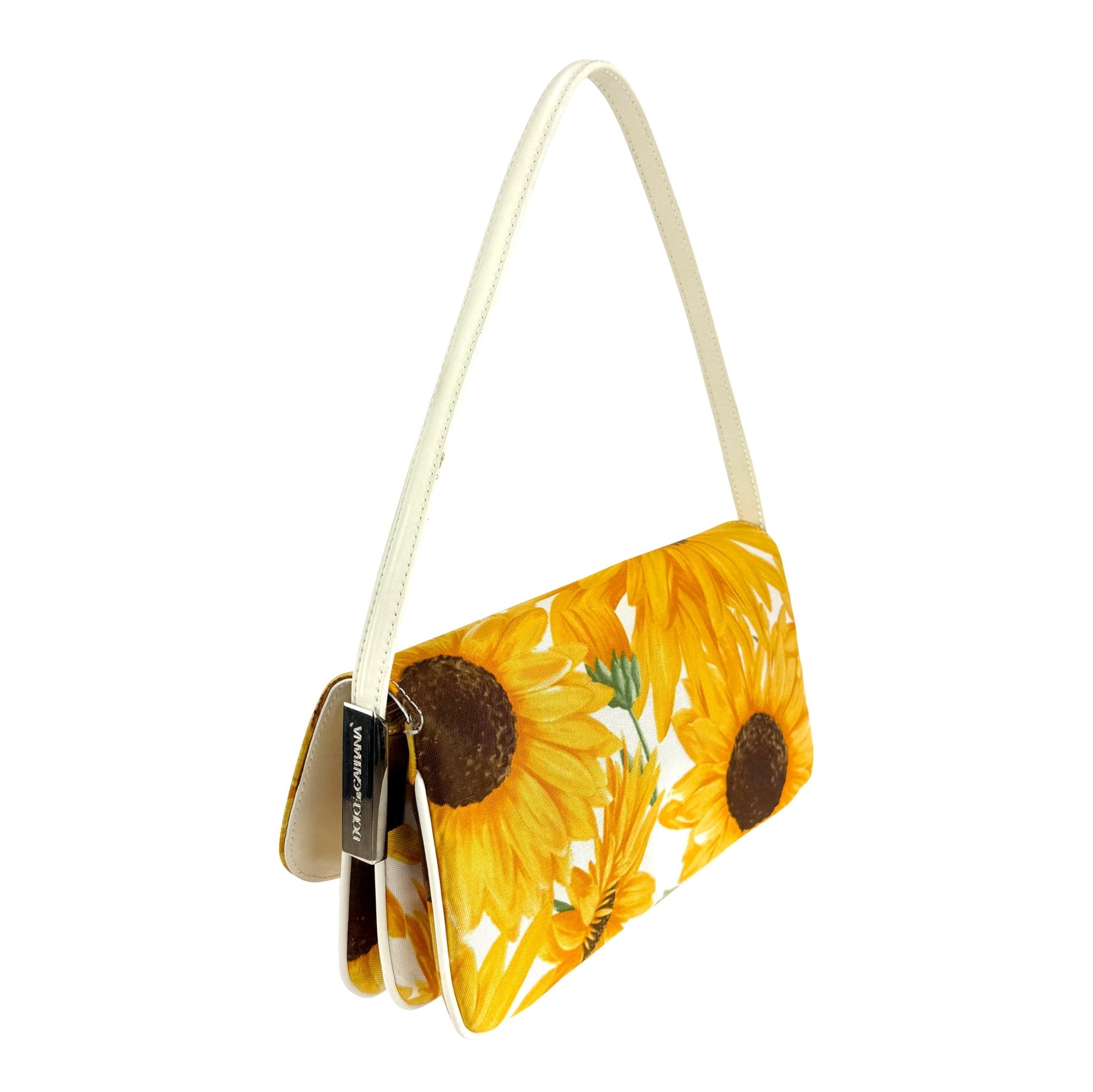 2000 Dolce & Gabbana White Leather Sunflower Print Fabric Shoulder Bag - RealList