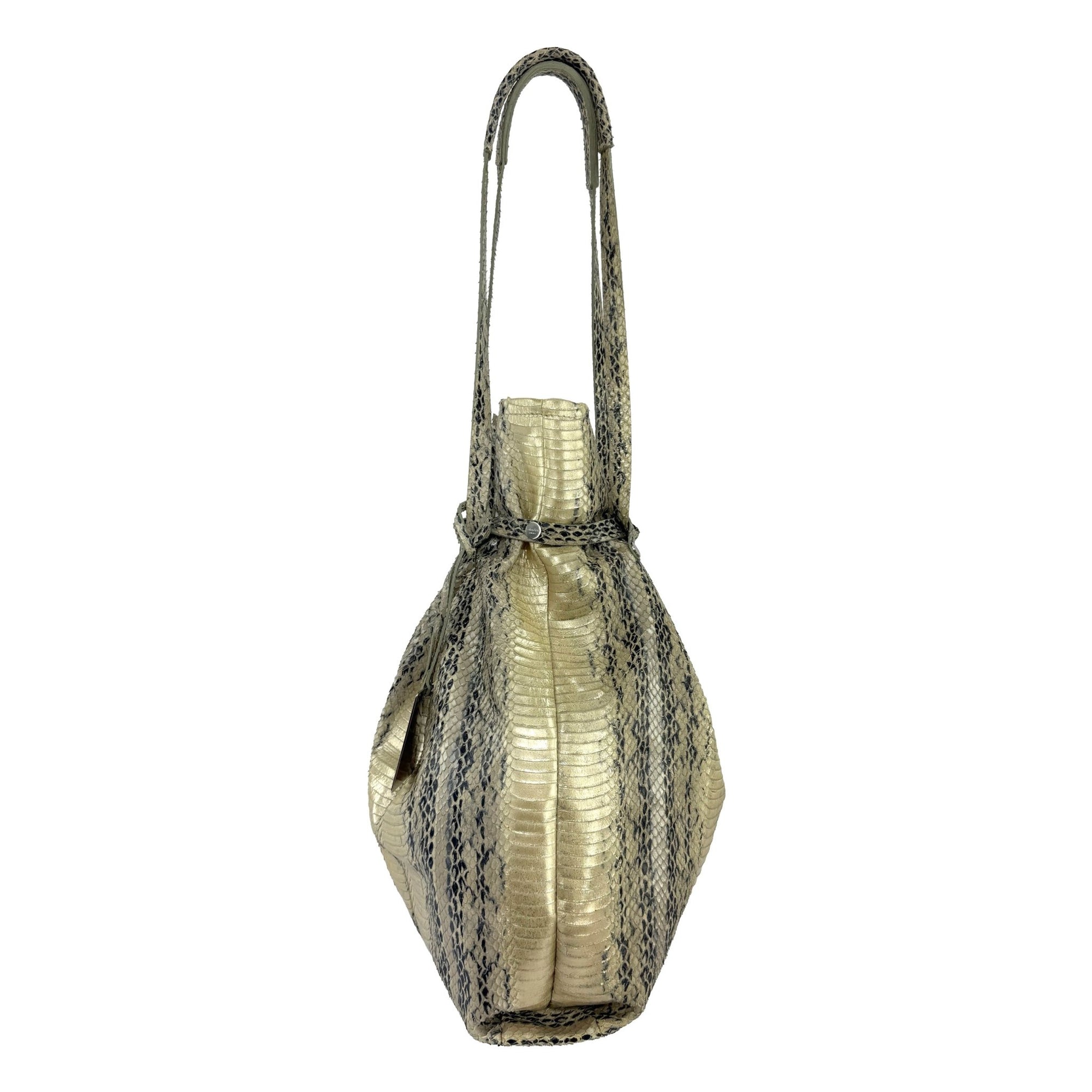 2000s Calvin Klein Collection Genuine Python Champagne Metallic XL Bucket Bag - RealList