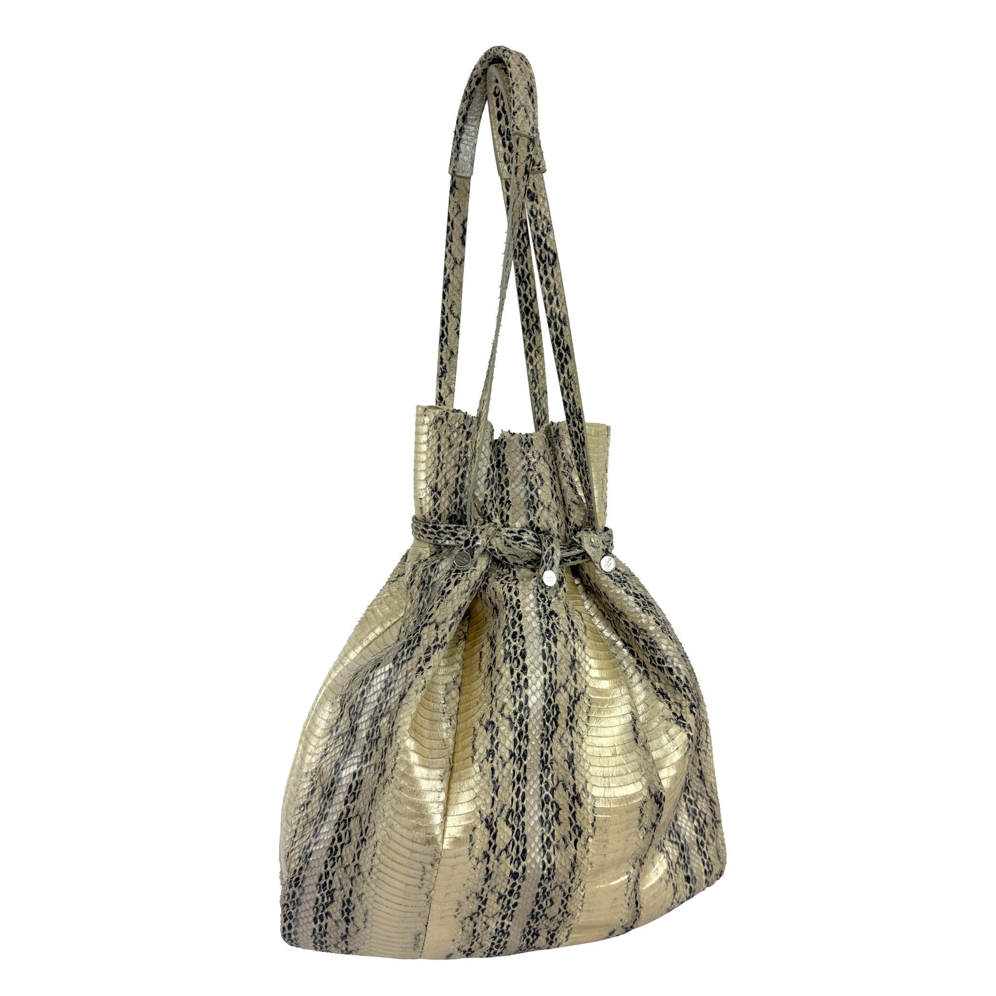 2000s Calvin Klein Collection Genuine Python Champagne Metallic XL Bucket Bag - RealList