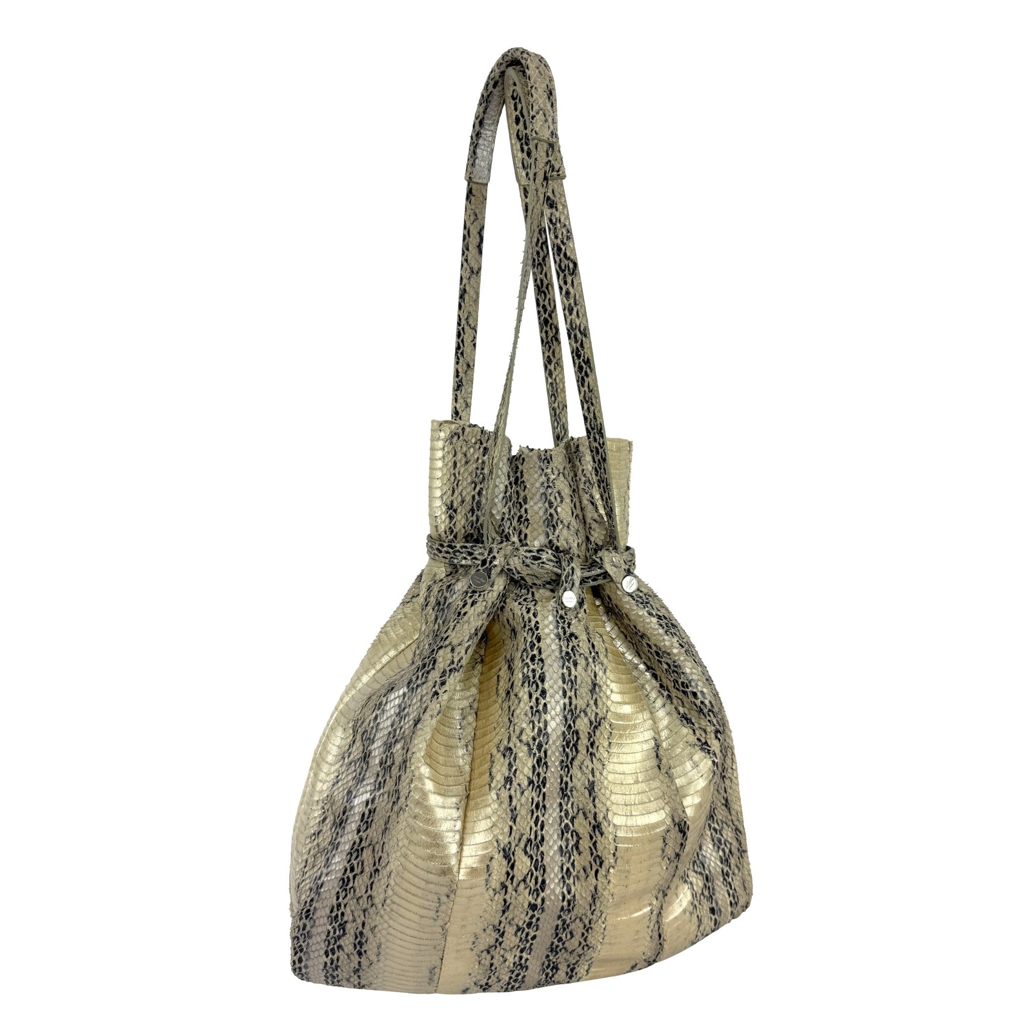 2000s Calvin Klein Collection Genuine Python Champagne Metallic XL Bucket Bag - RealList
