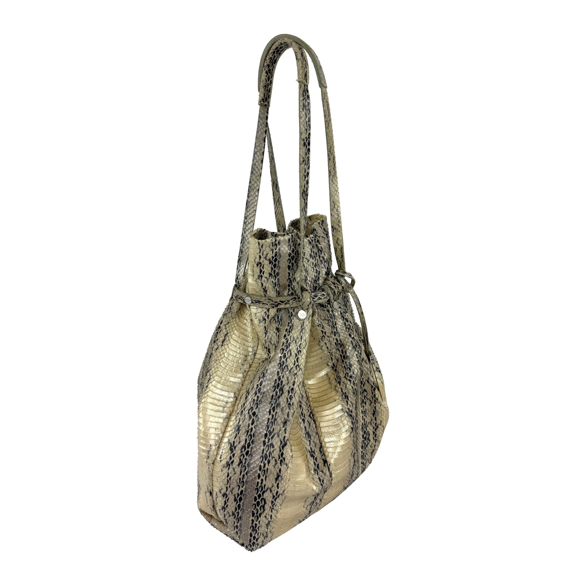2000s Calvin Klein Collection Genuine Python Champagne Metallic XL Bucket Bag - RealList
