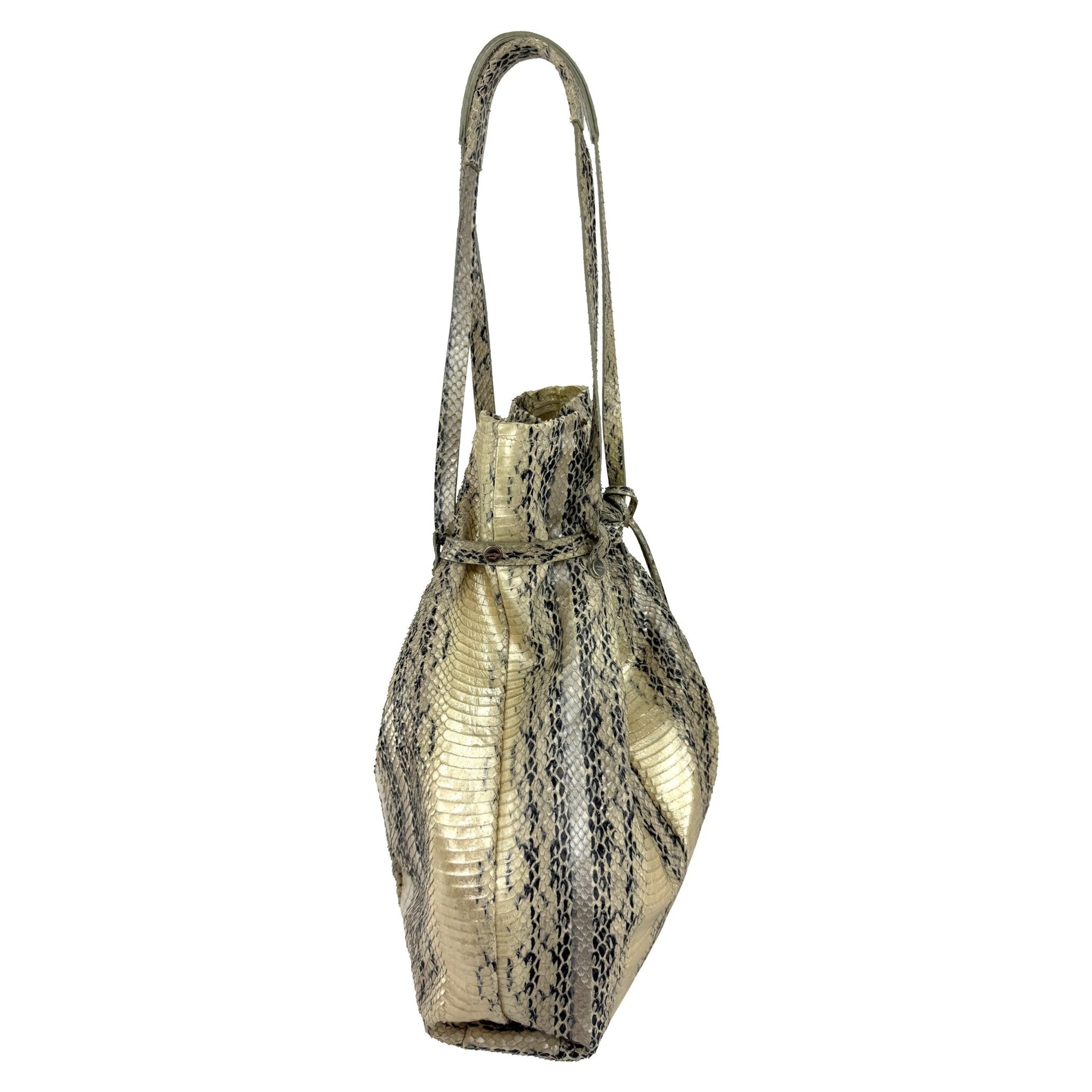 2000s Calvin Klein Collection Genuine Python Champagne Metallic XL Bucket Bag - RealList