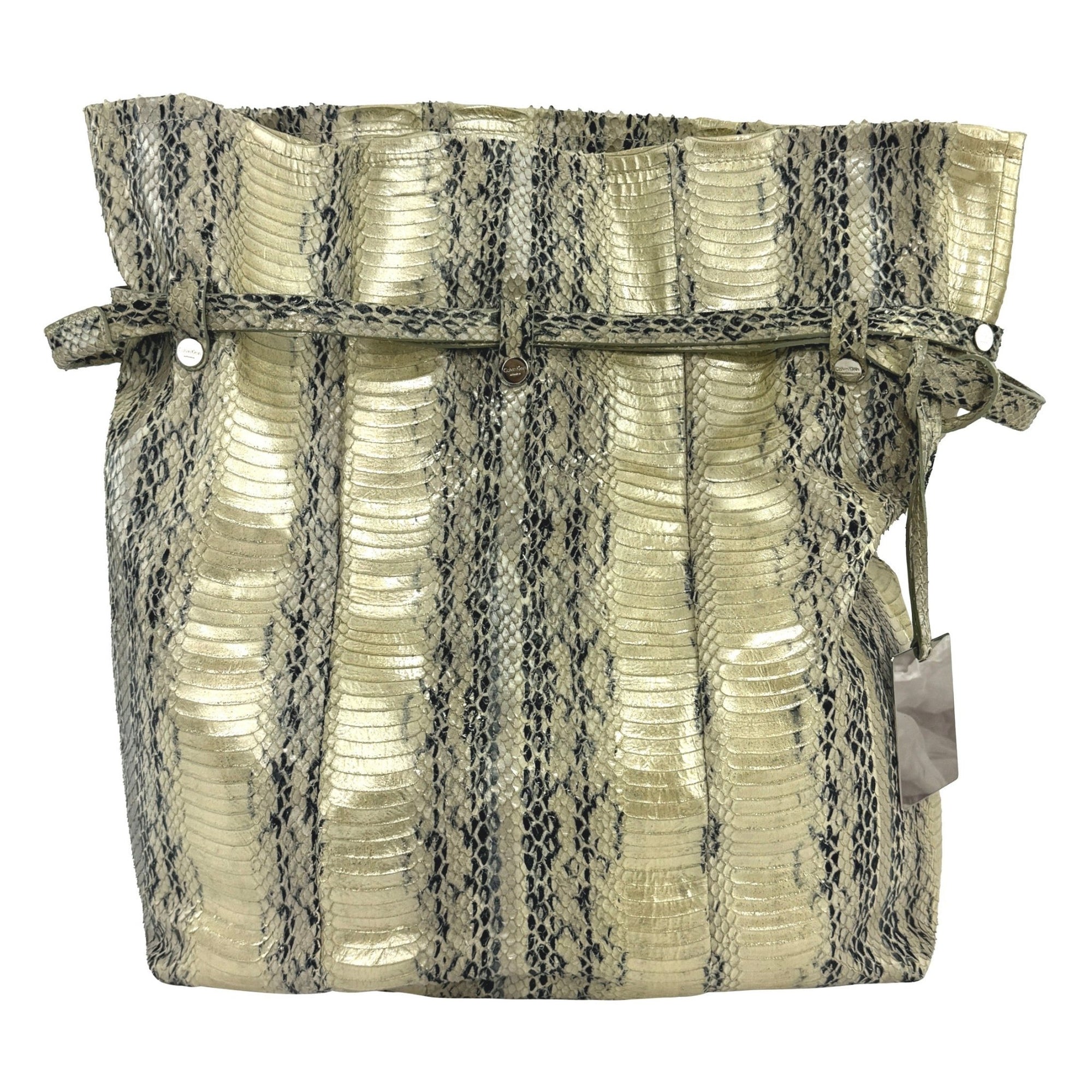 2000s Calvin Klein Collection Genuine Python Champagne Metallic XL Bucket Bag - RealList