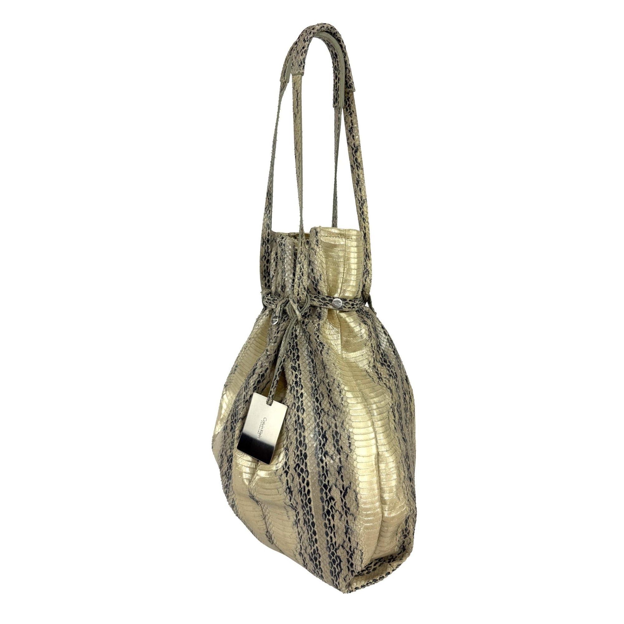 2000s Calvin Klein Collection Genuine Python Champagne Metallic XL Bucket Bag - RealList