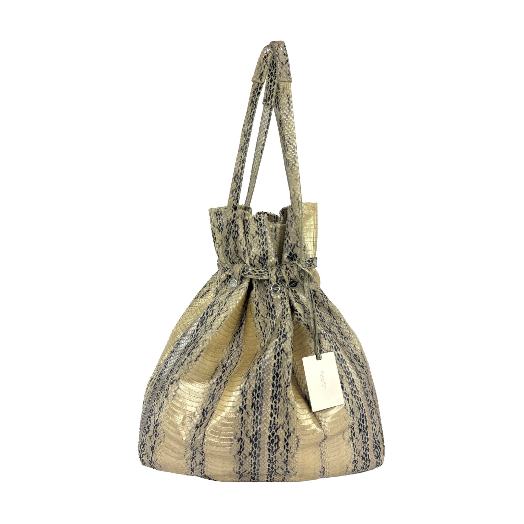 2000s Calvin Klein Collection Genuine Python Champagne Metallic XL Bucket Bag - RealList