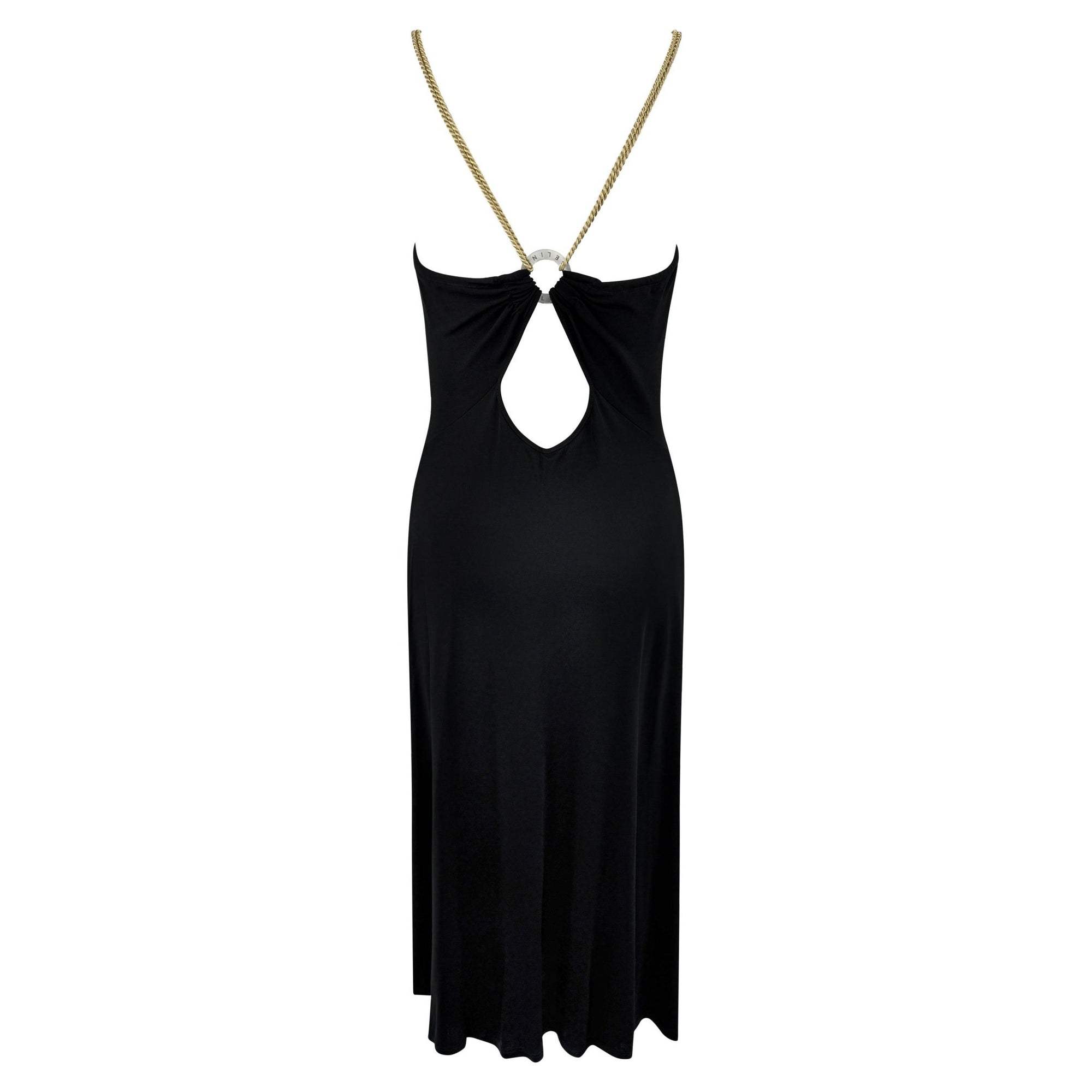 2000s Celine by Michael Kors Black Bodycon Logo Ring Gold Strap Backless Dress - RealList