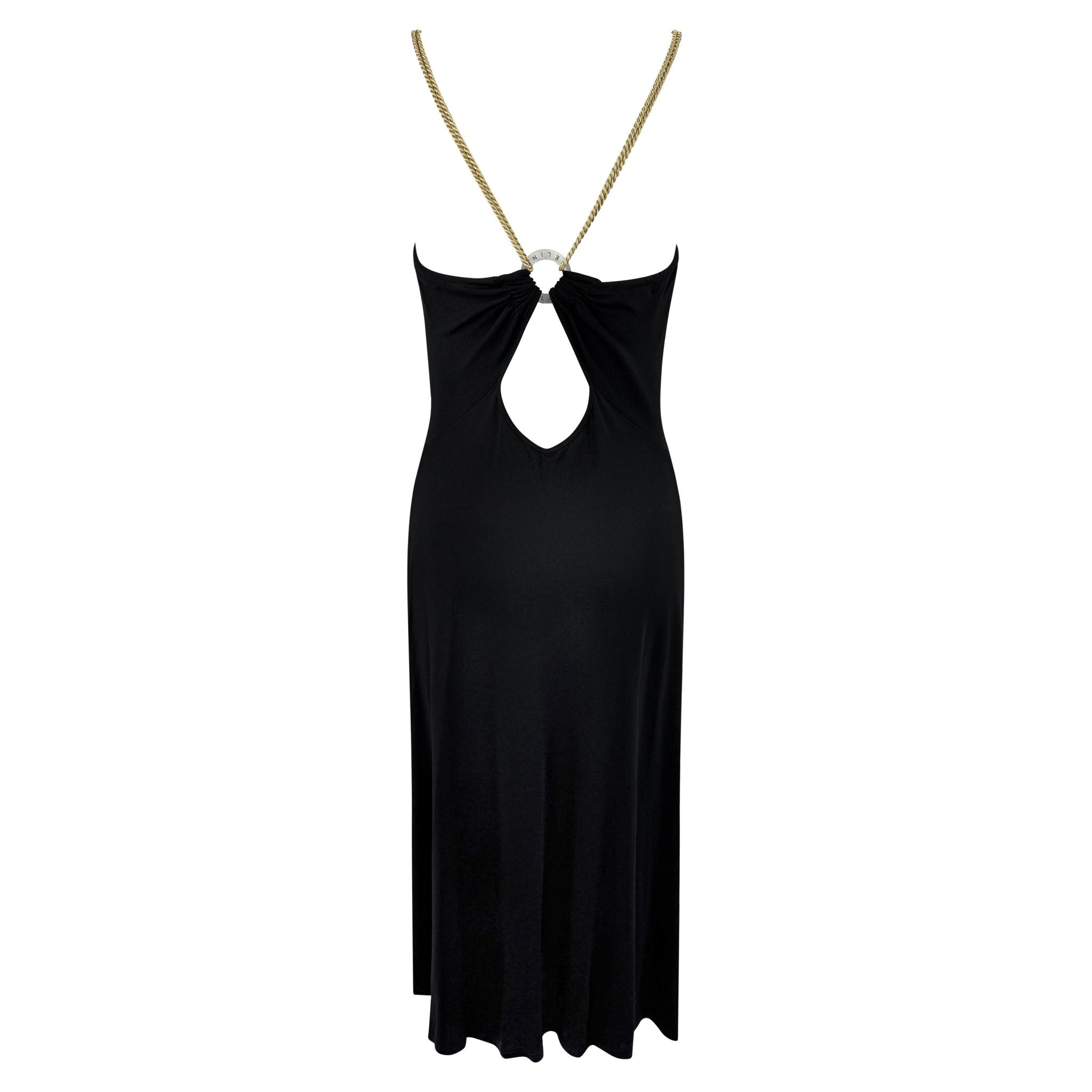 2000s Celine by Michael Kors Black Bodycon Logo Ring Gold Strap Backless Dress - RealList