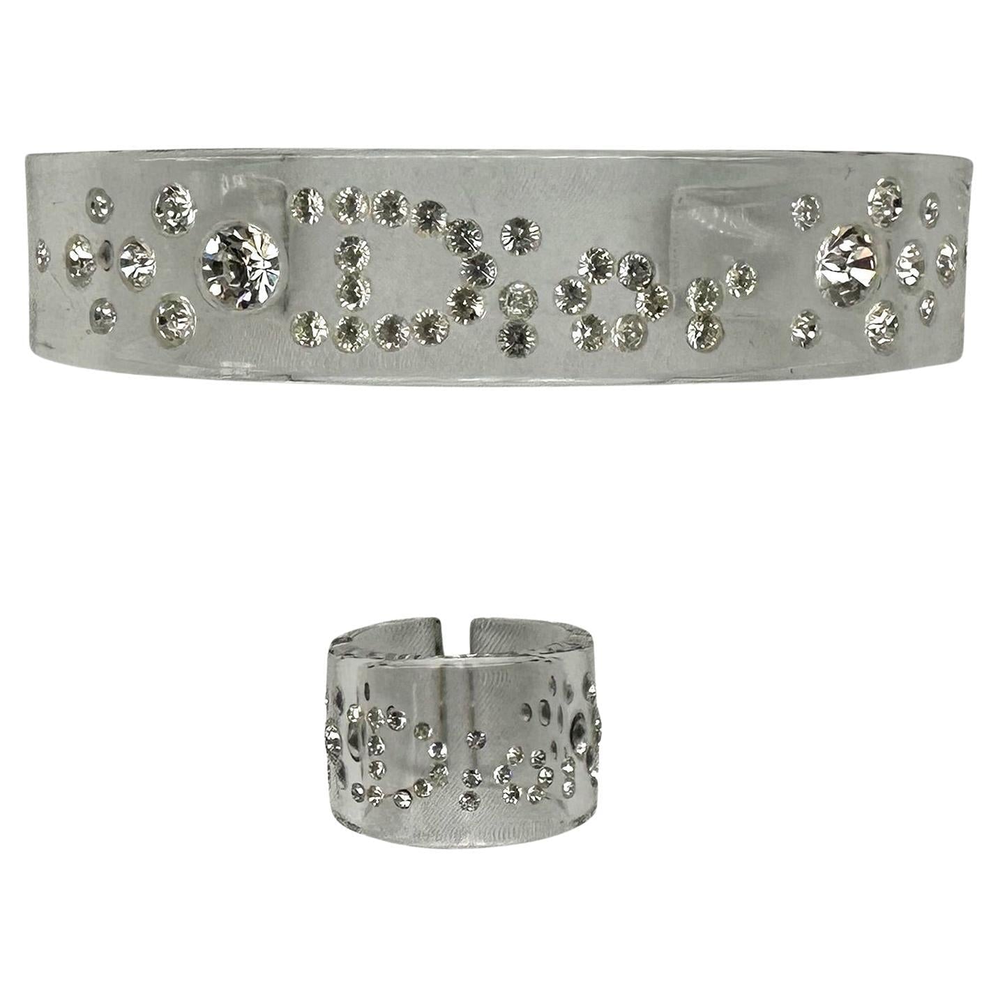 2000s Christian Dior by John Galliano Clear Acrylic Rhinestone Logo Cuff Ring - RealList
